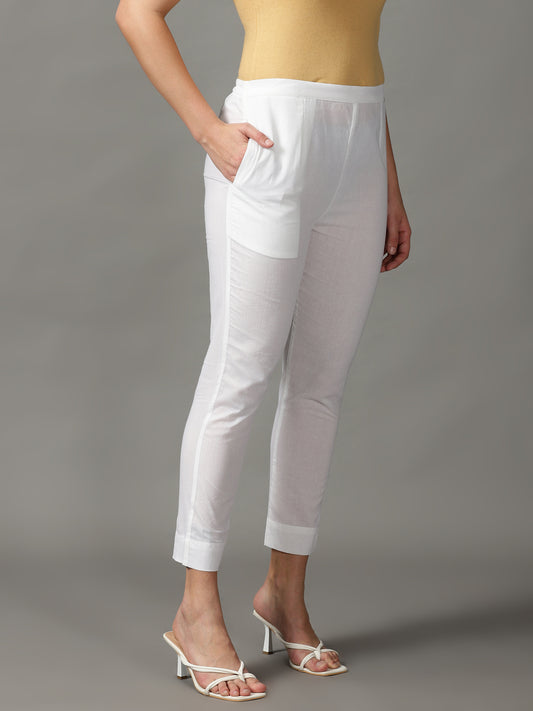 Women White Solid Cotton Ankle Length Trousers