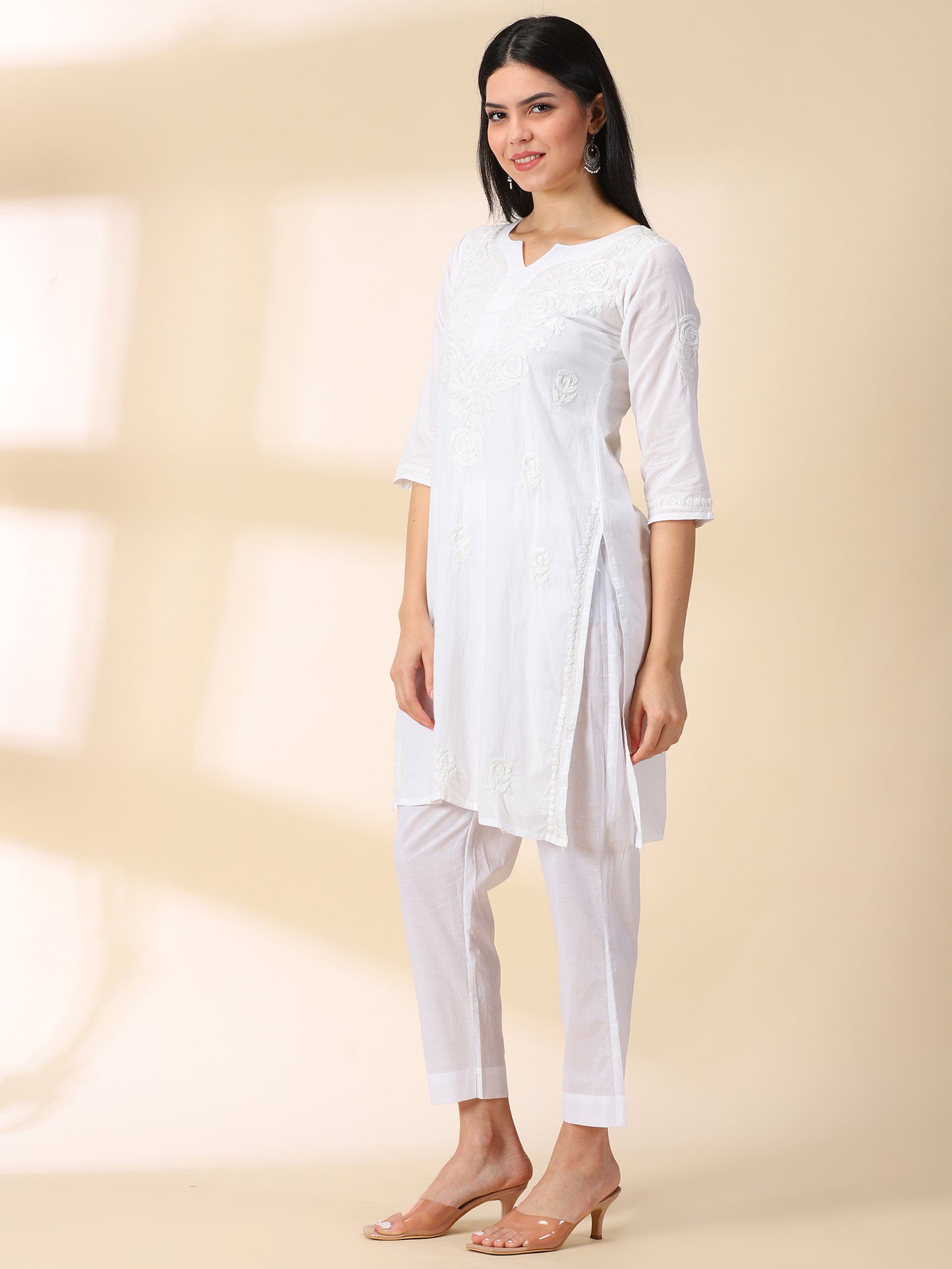 White Lucknowi Chikankari Kurta With Trouser