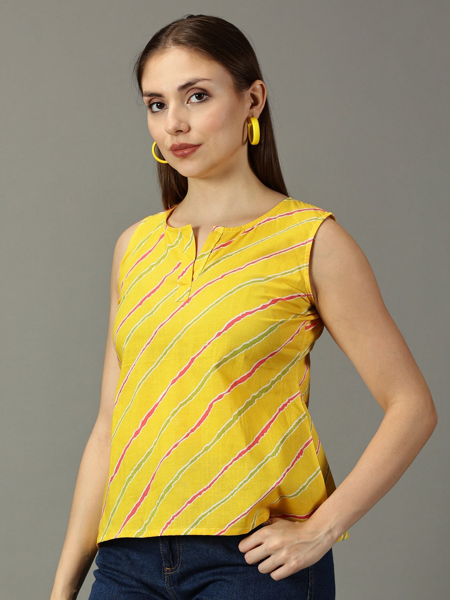 Women Yellow Cotton Printed Top