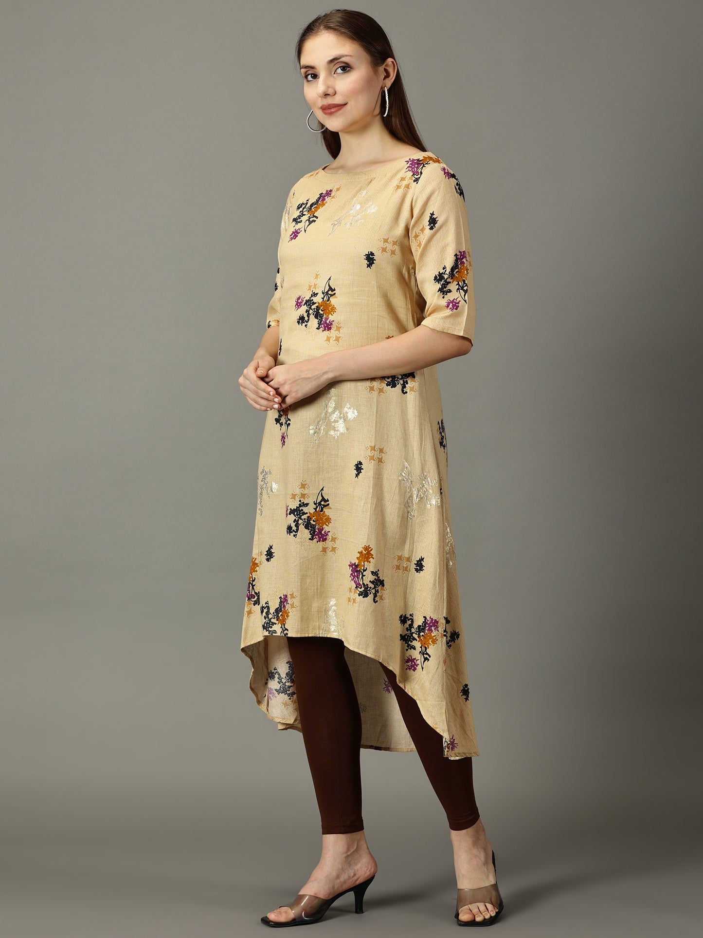 Women Yellow Floral Printed Cotton Kurta