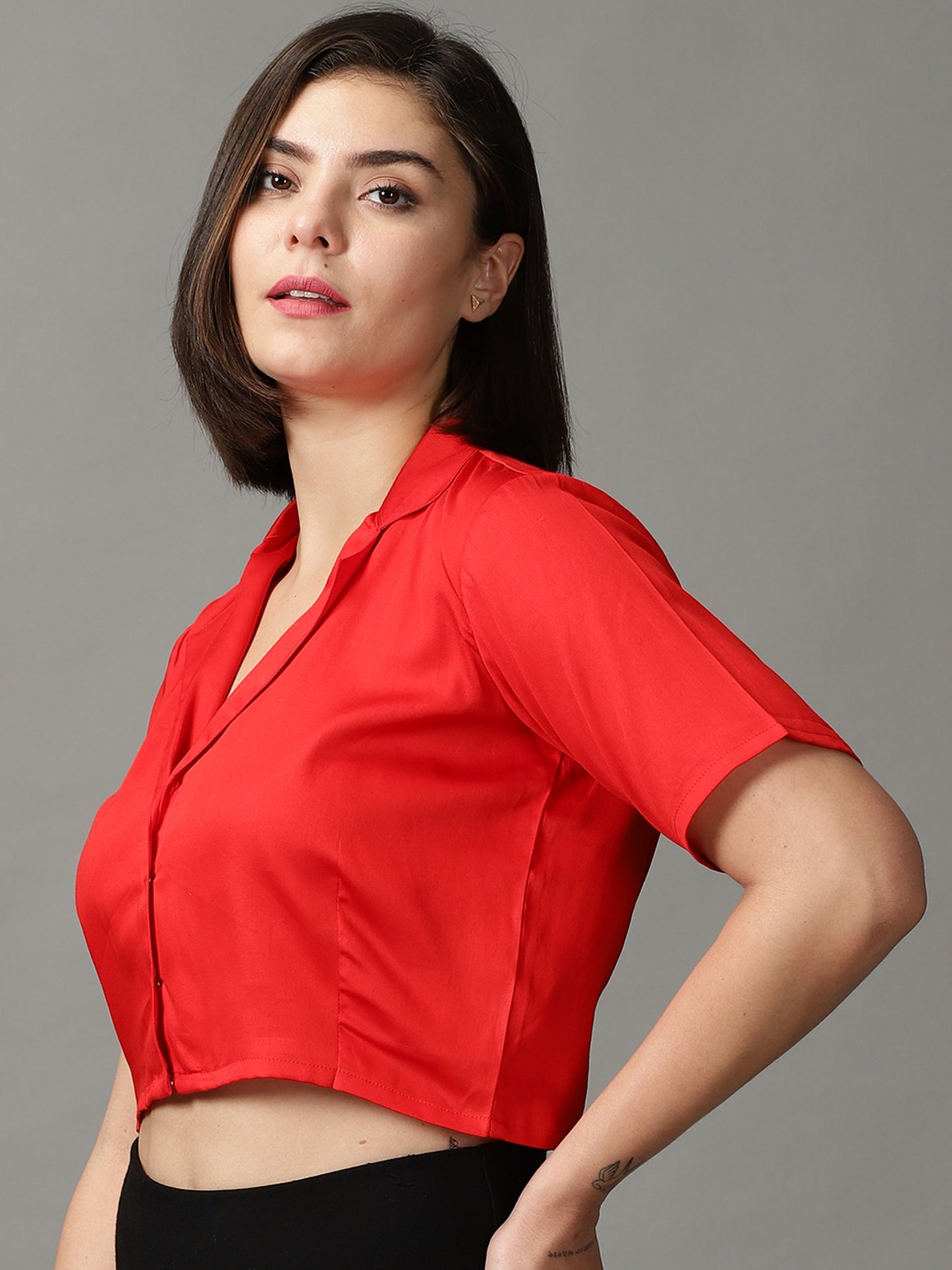 Women Red Solid Shirt Style Crop Top