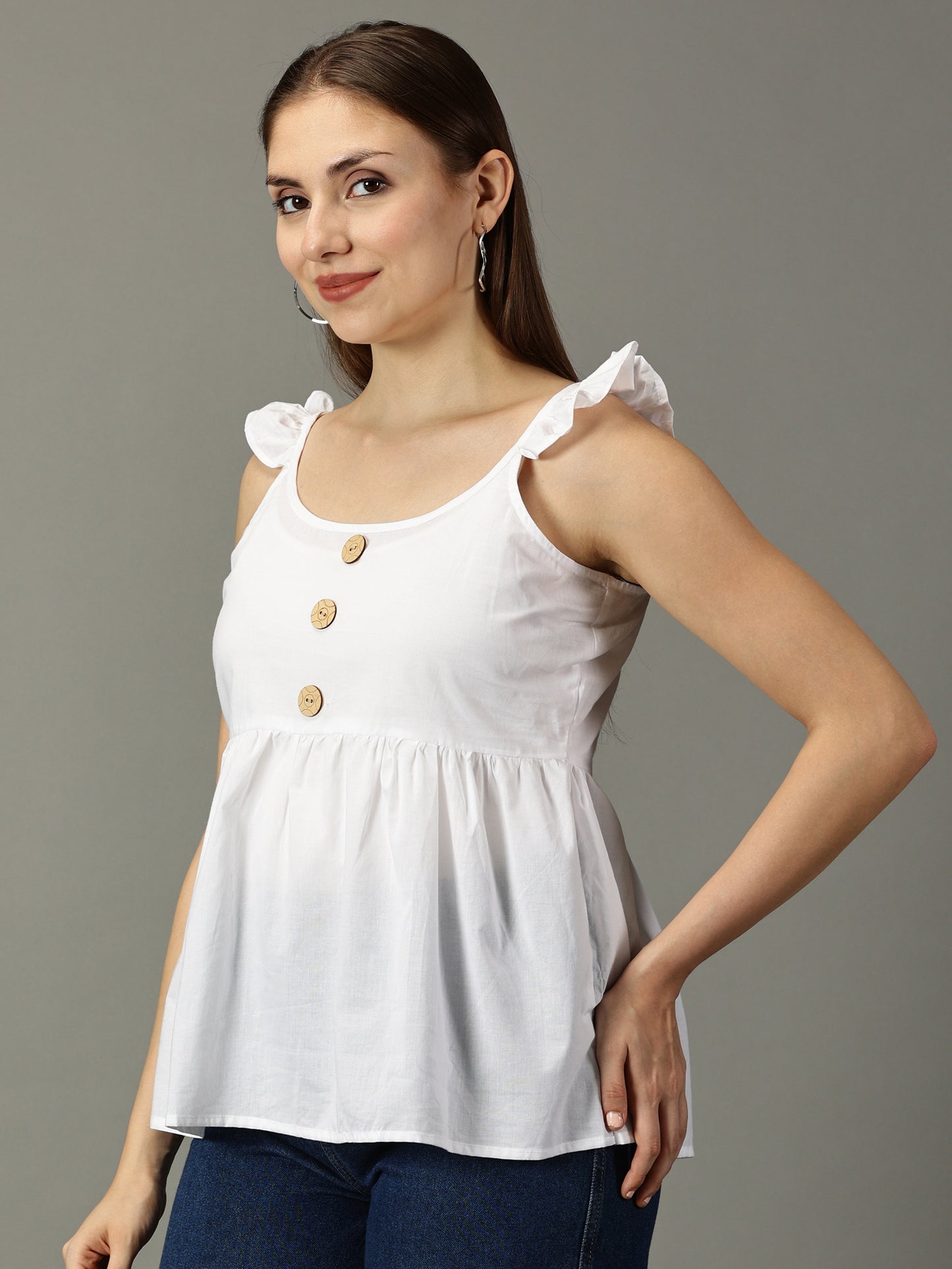 Women White Cotton Ruffled Top