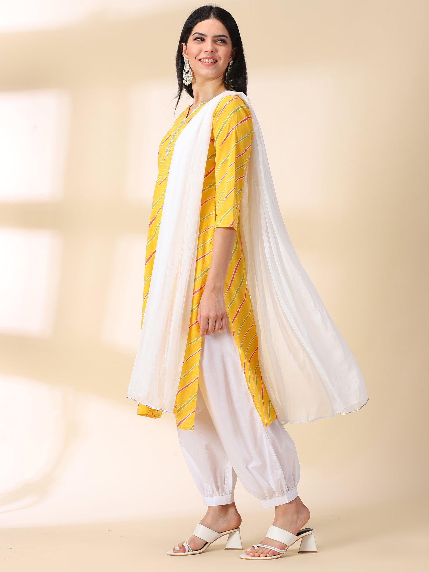 Yellow Cotton Kurta With Cuff Pant & Dupatta