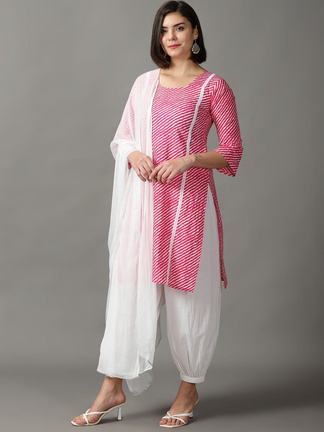 Pink Printed Cotton Straight Kurta With cuff Pant &Dupatta