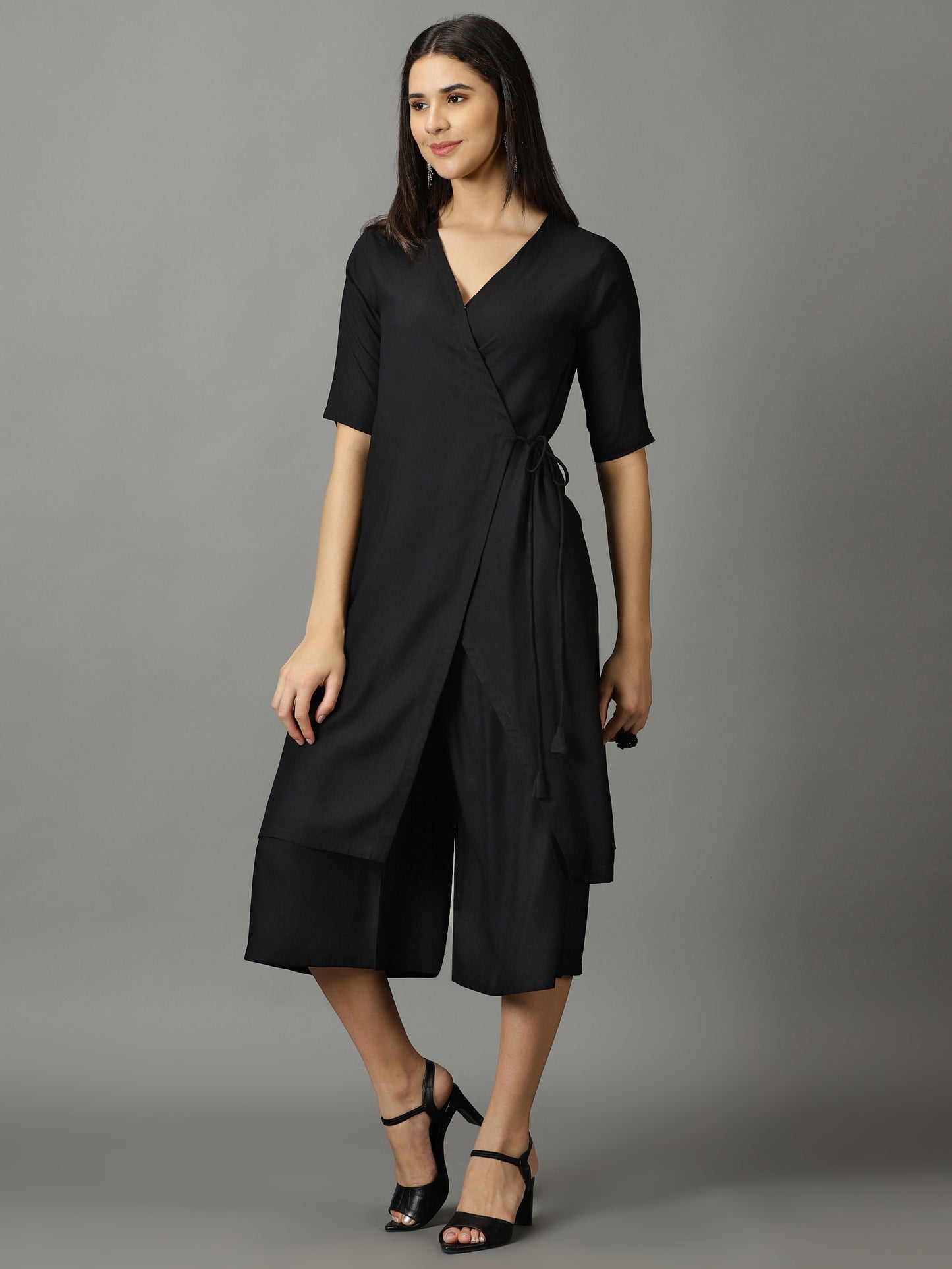 Black Angrakha Kurta With Dori Tie Up & Half Palazzos