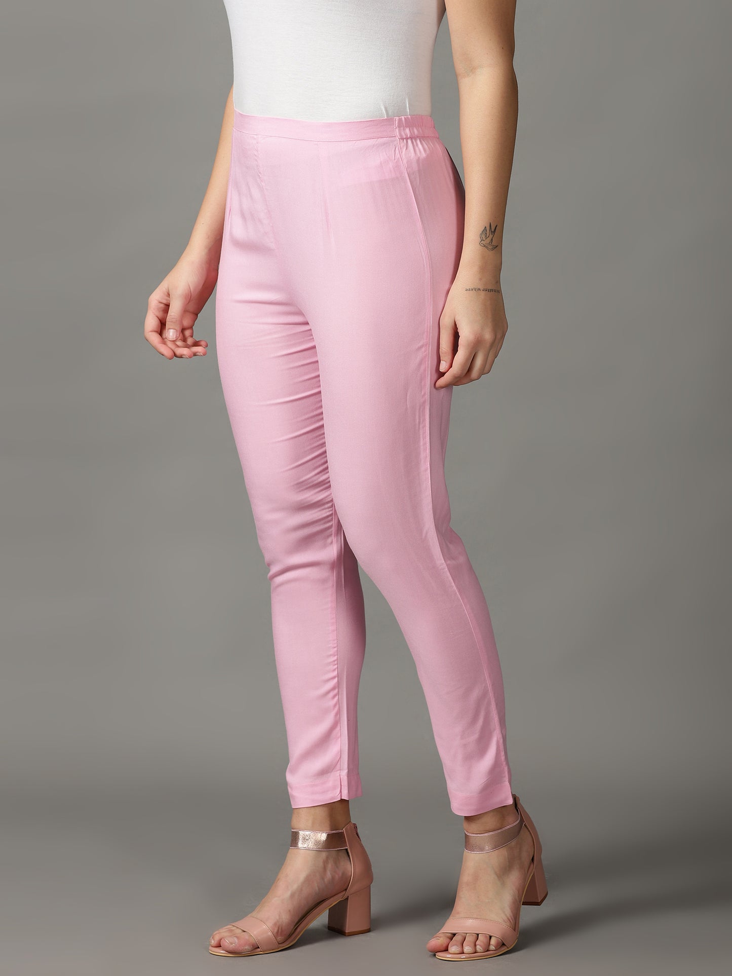 Pink Solid Rayon Trousers