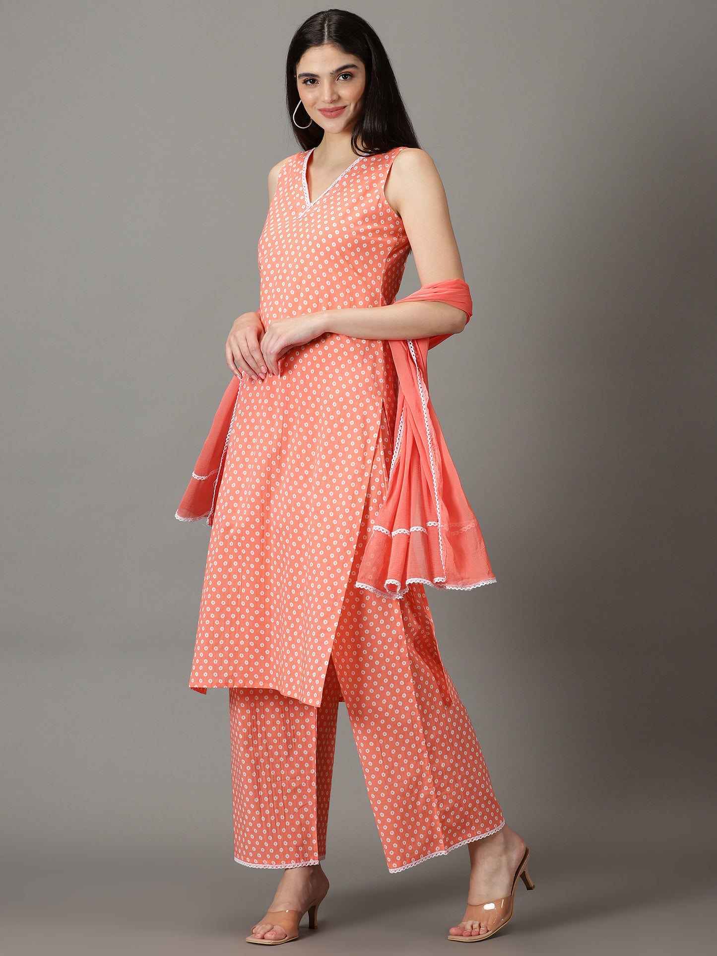 Peach Straight Cotton Kurta With Palazzos & Dupatta