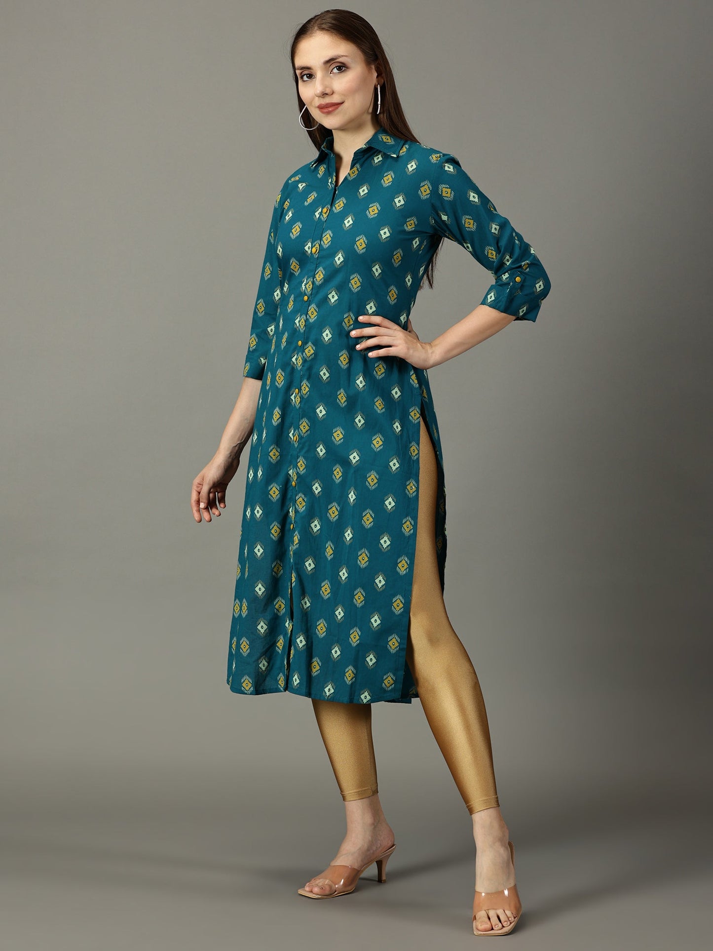 Women Green Printed Cotton Kurta