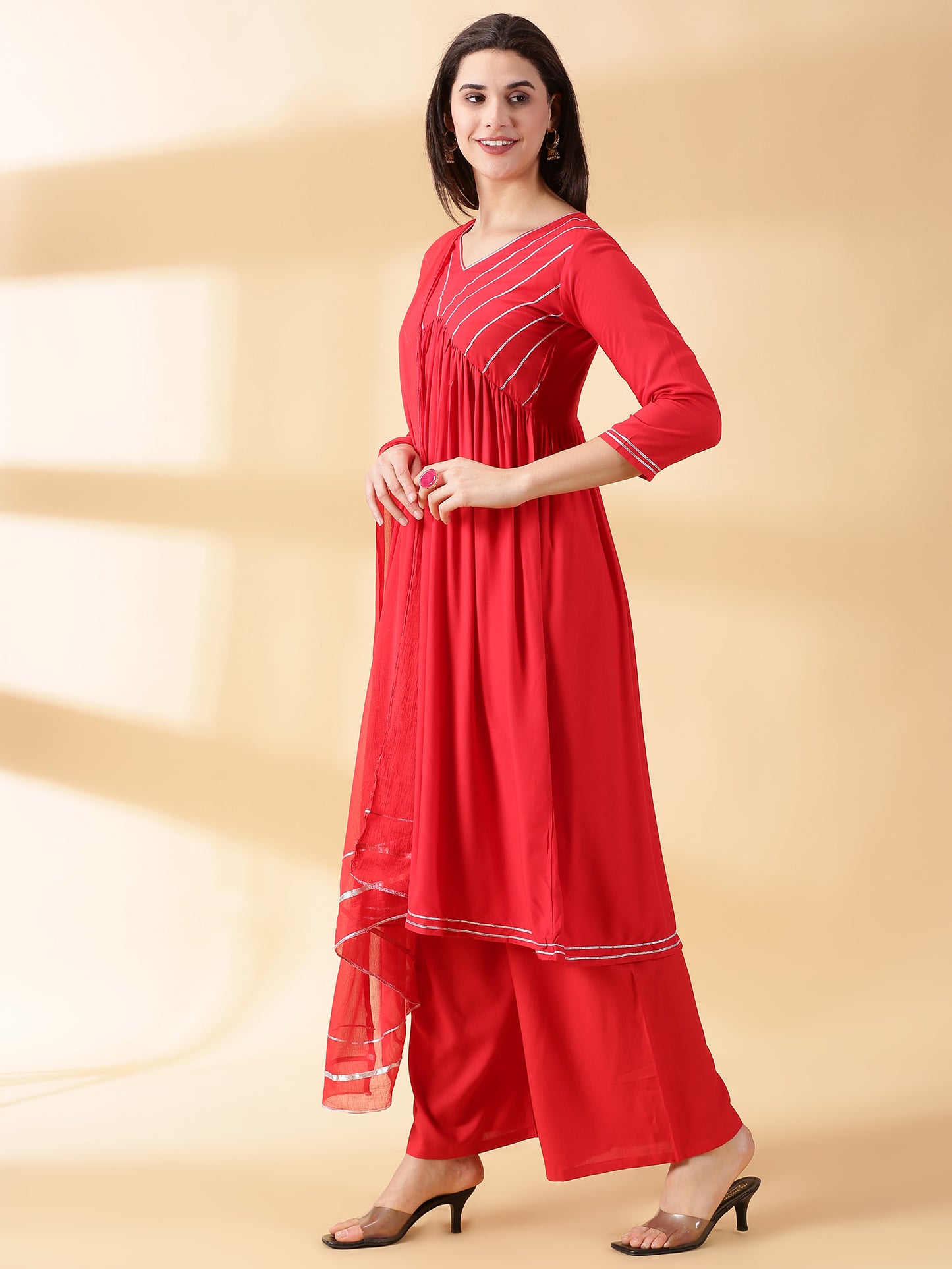 Women Red Reyon Alia Cut Kurta With Palazzos & Dupatta