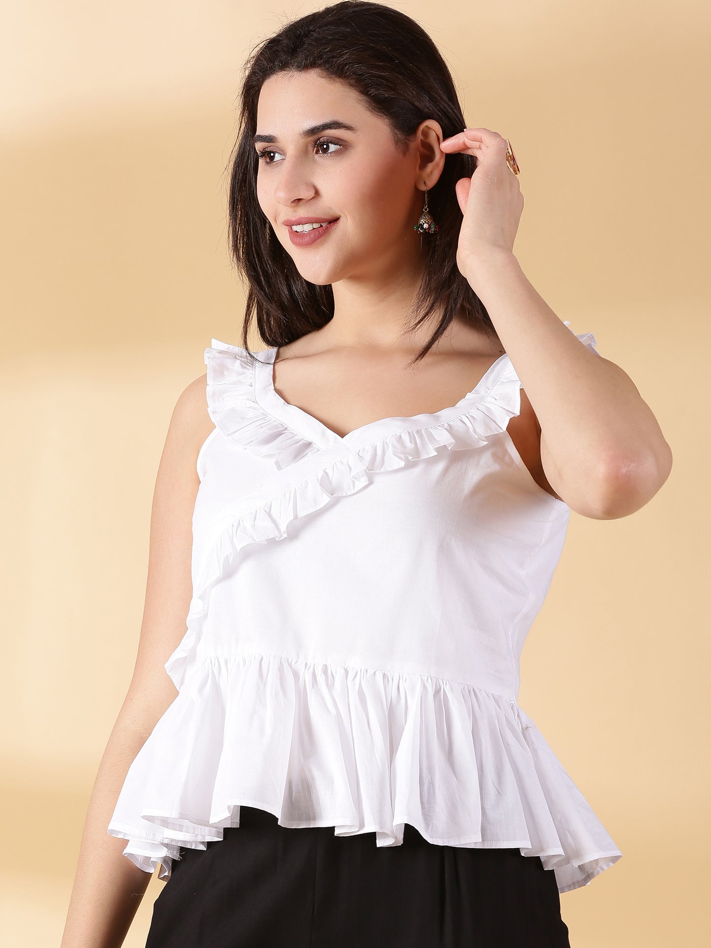 Women white Cotton Ruffled Top