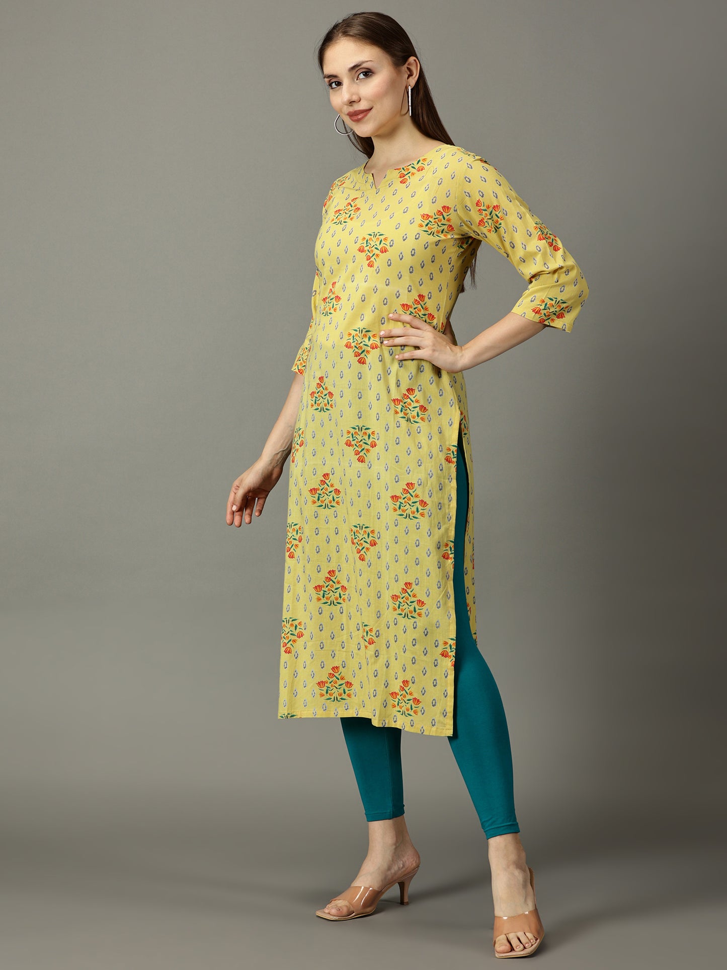 Women Yellow Printed Cotton Kurta