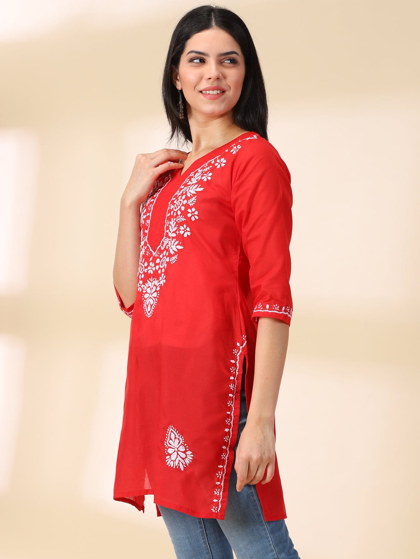 Women Red Lucknowi Chikankari Cotton Kurta