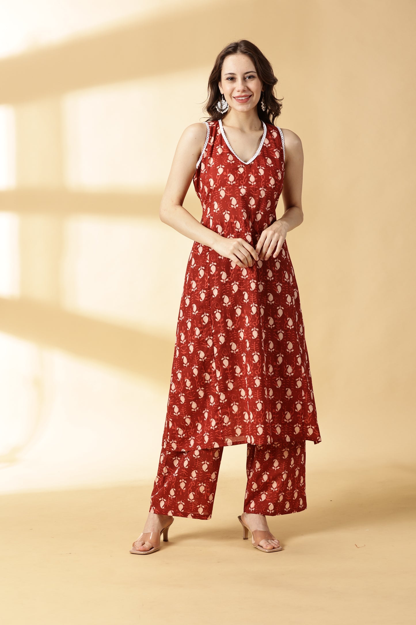 Women Brown Cotton Printed Kurta & Palazzo