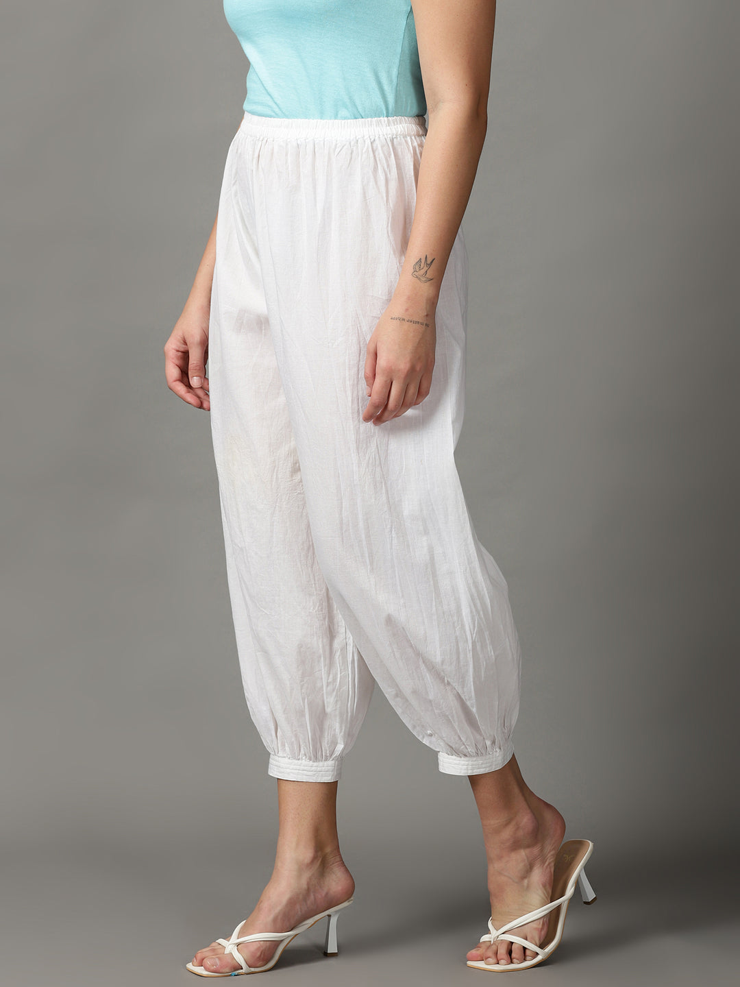 Women White Solid Cotton Cuff Pant