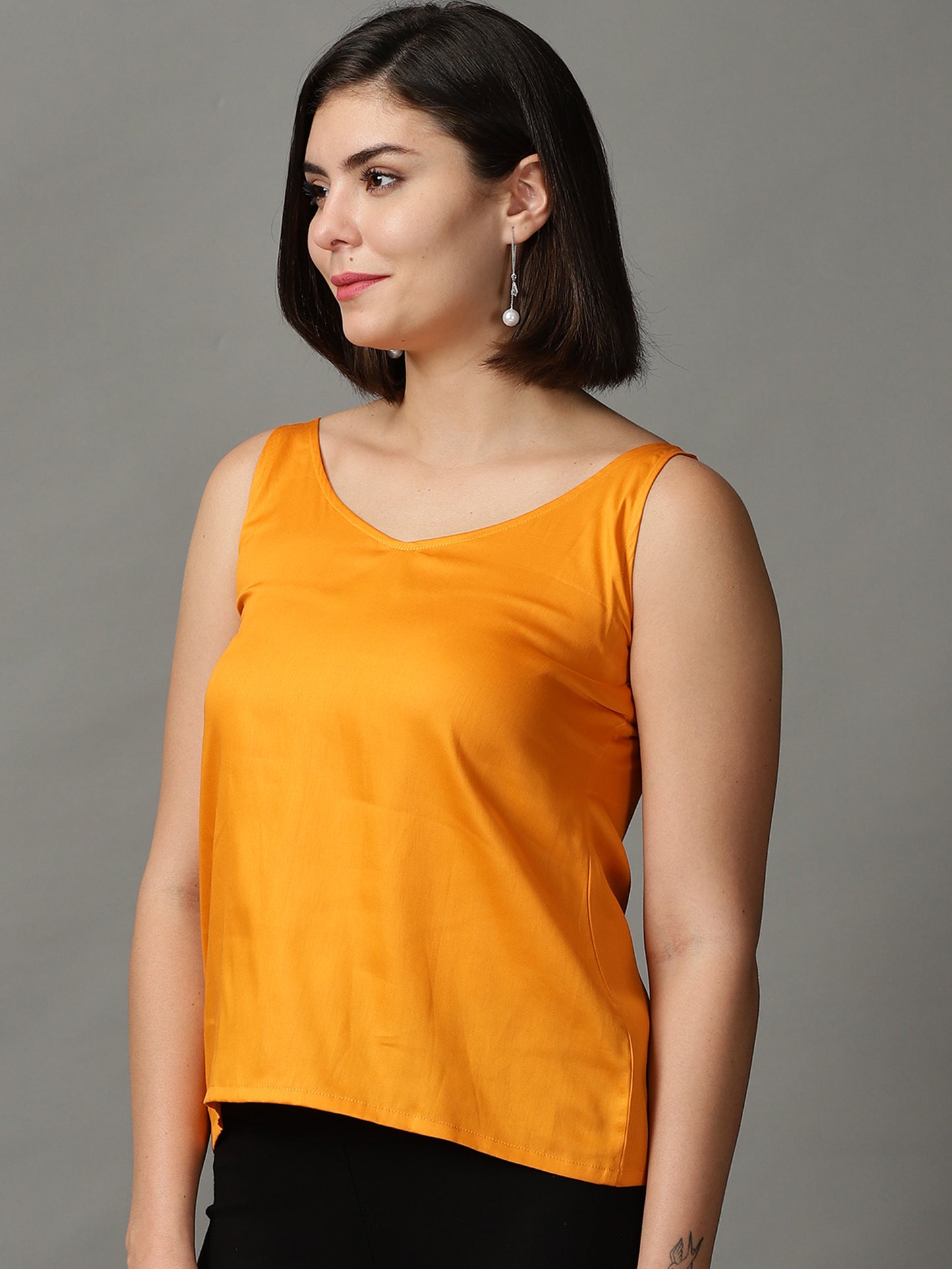 Women Mustard V Neck Sleeveless Top