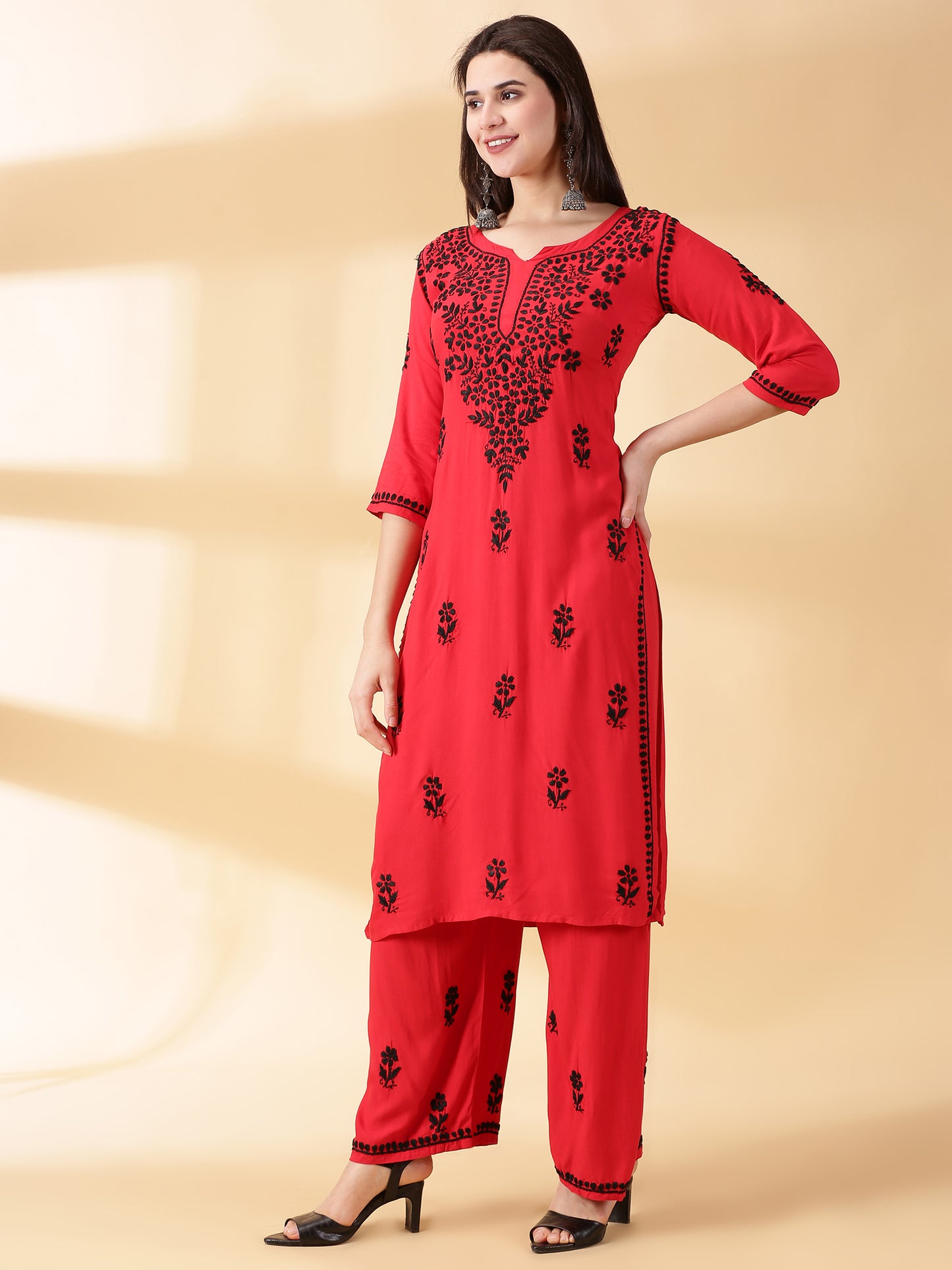 Women Red Lucknowi Chikankari Kurti With Palazzos