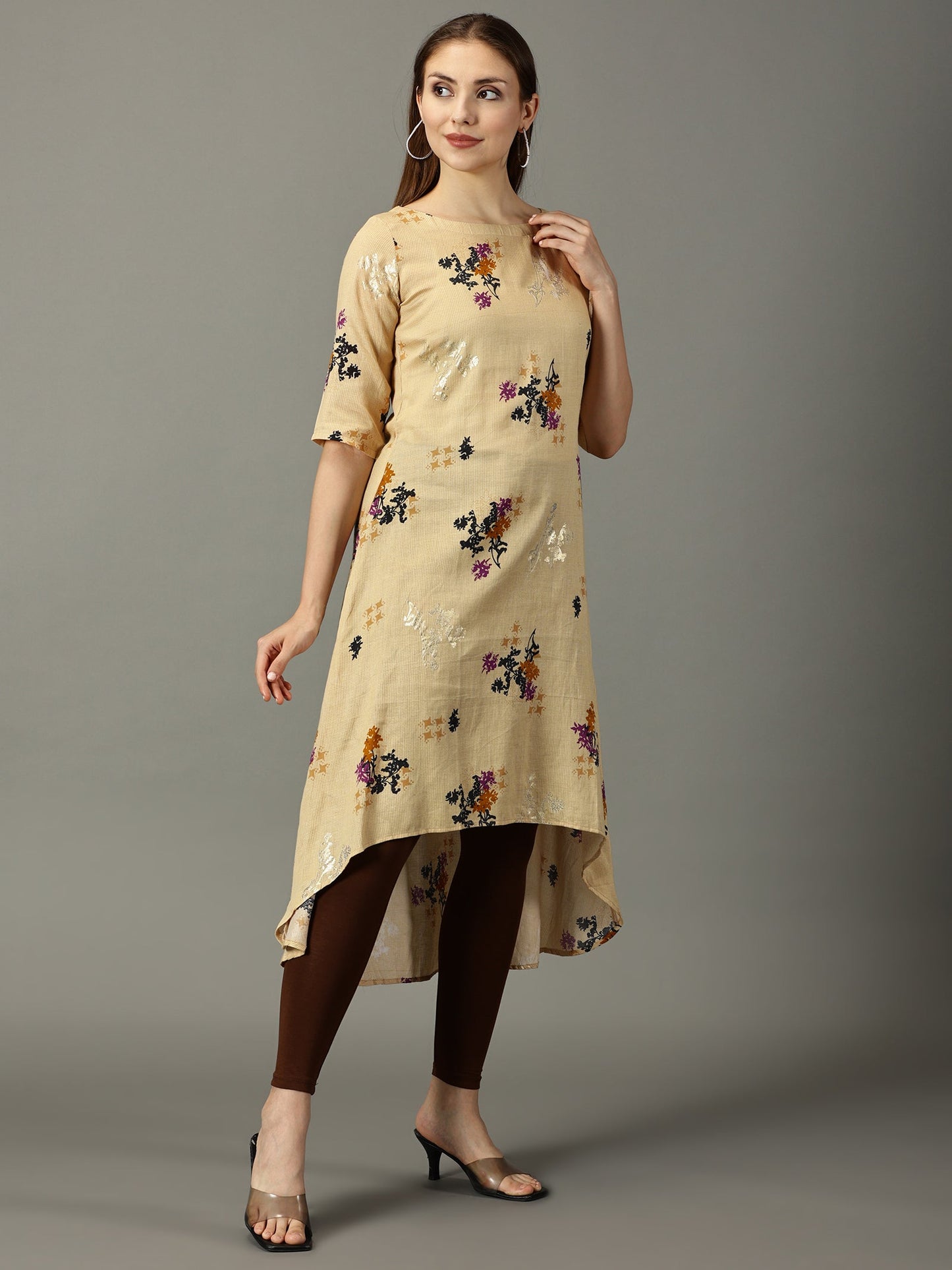 Women Yellow Floral Printed Cotton Kurta