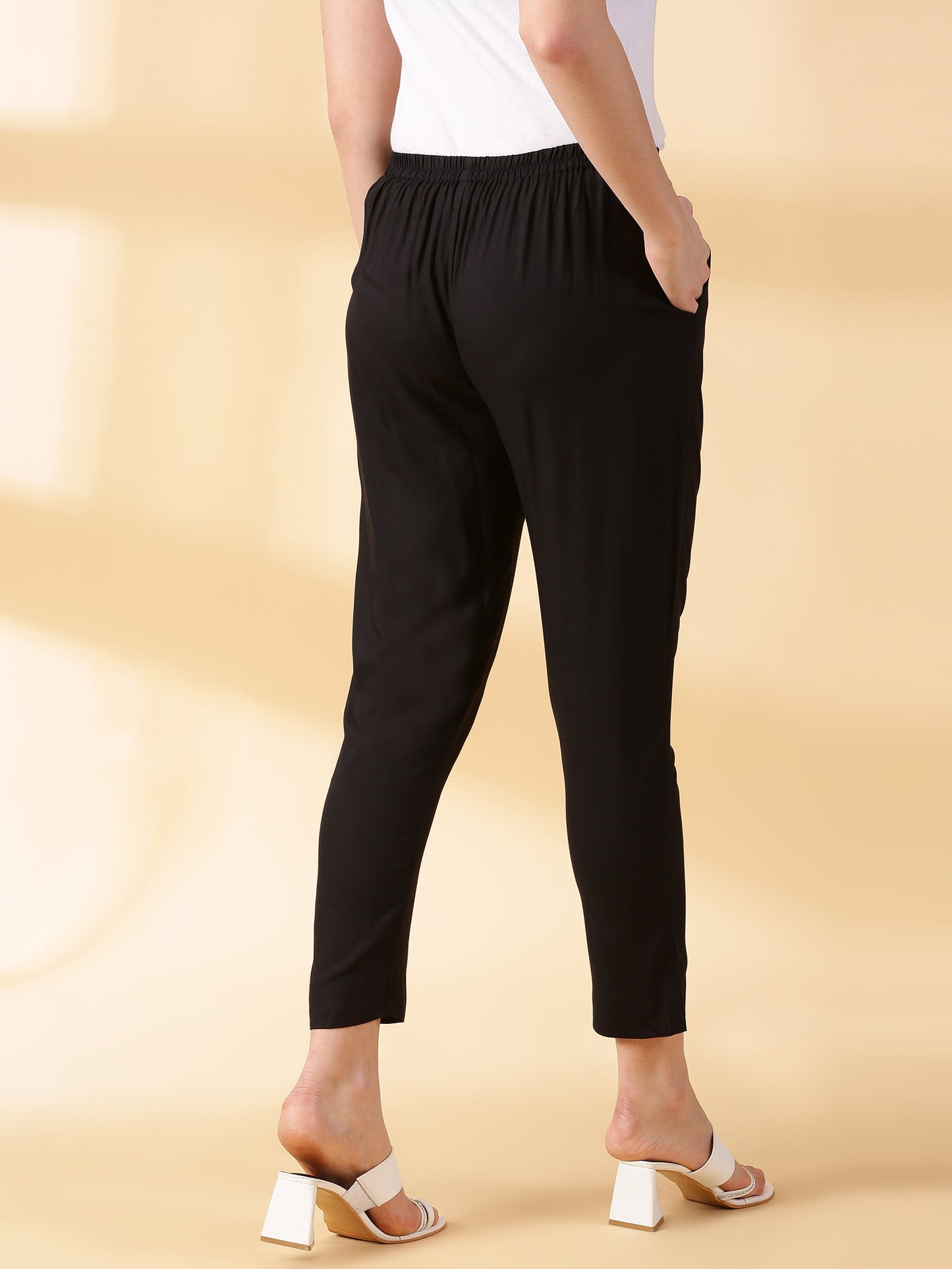 Women Black Solid Reyon Trousers