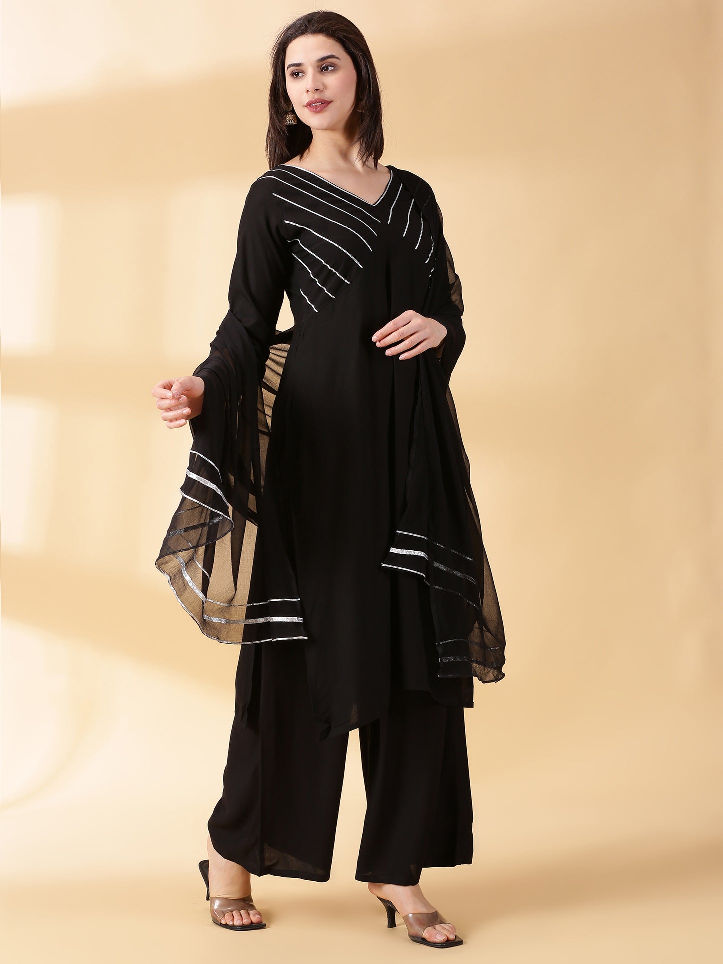 Women Black Reyon Alia Cut Kurta With Palazzos & Dupatta