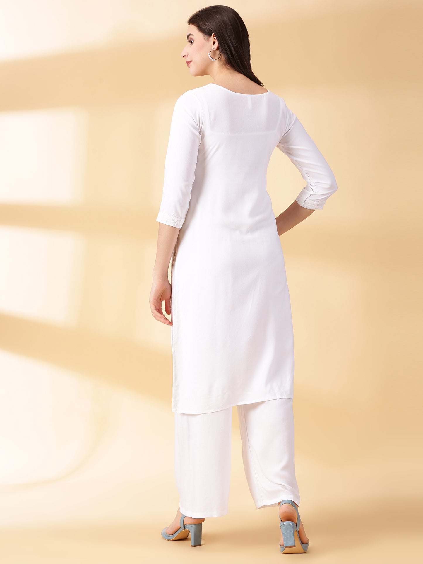 Women White Reyon Kurta With Palazzos