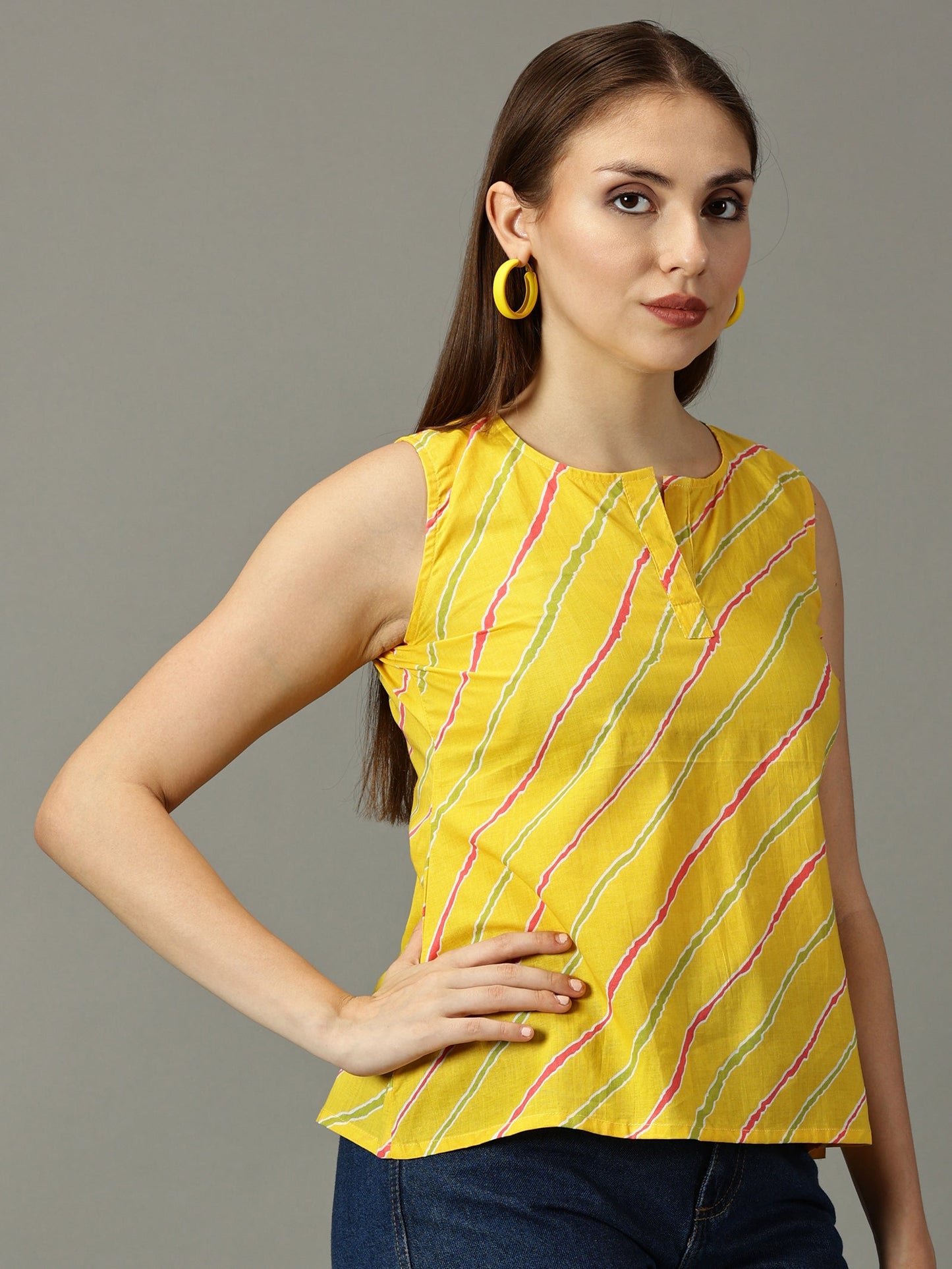 Women Yellow Cotton Printed Top