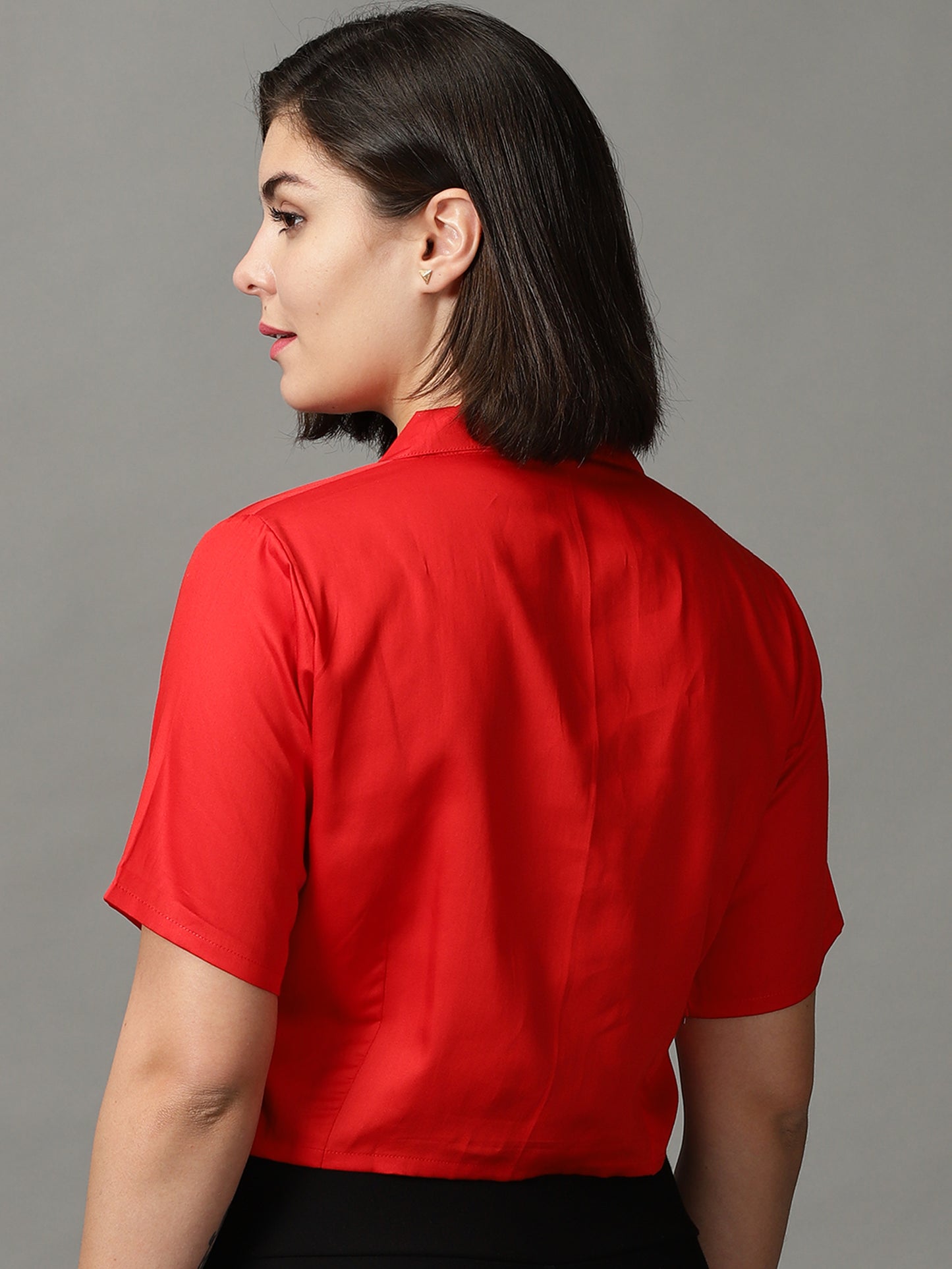 Women Red Solid Shirt Style Crop Top