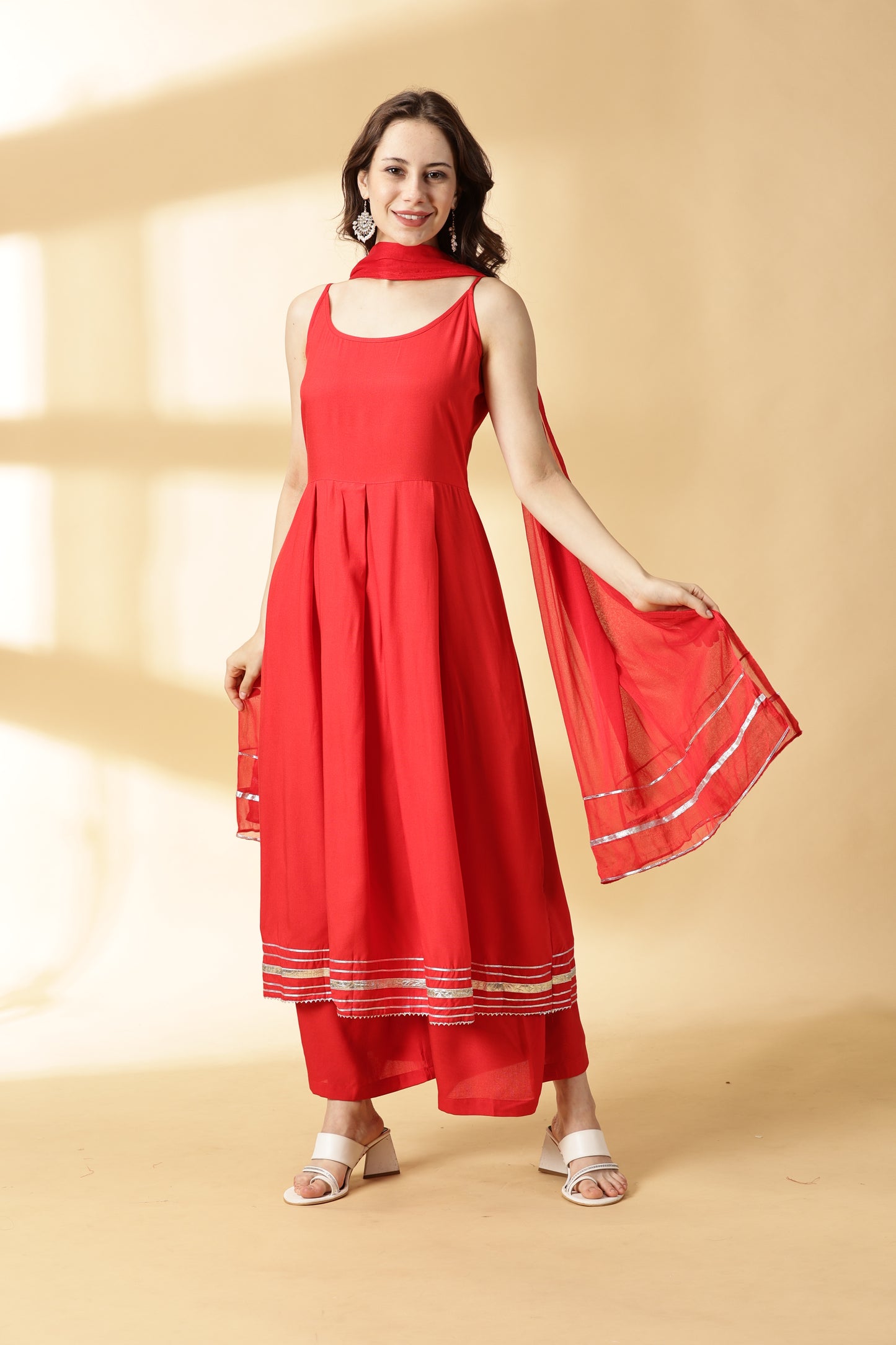 Women Red Anarkali Kurta With Palazzo &Dupatta