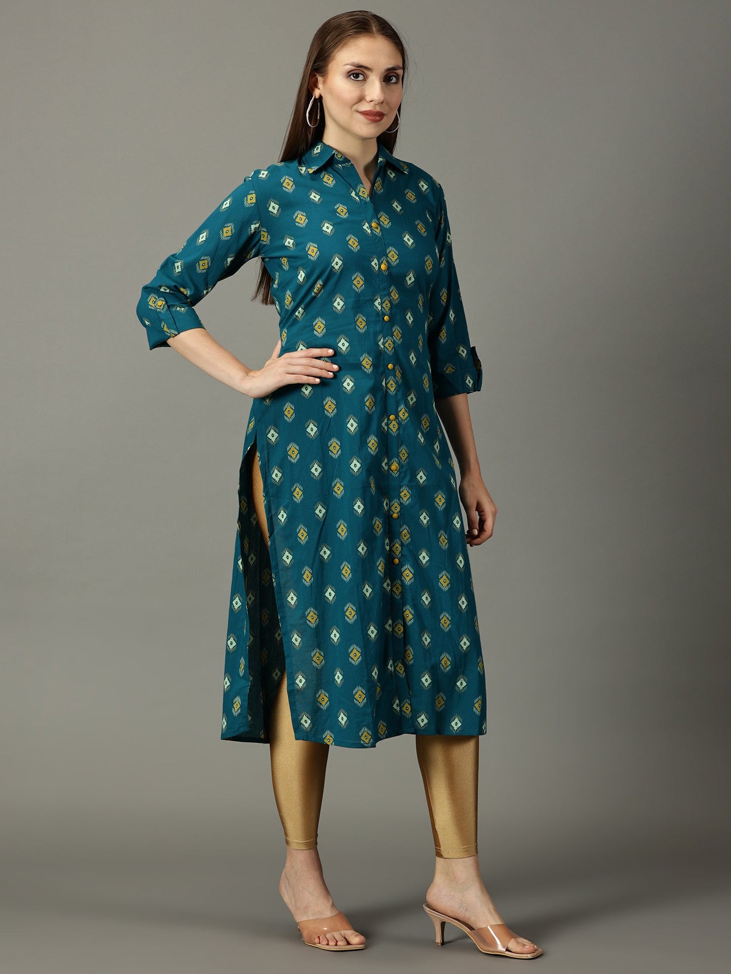 Women Green Printed Cotton Kurta