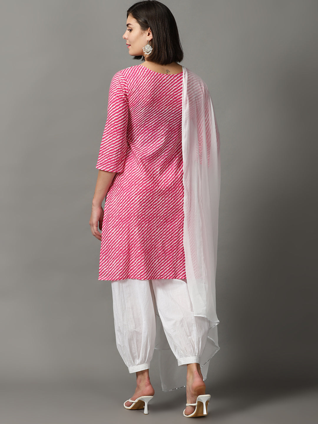 Pink Printed Cotton Straight Kurta With cuff Pant &Dupatta