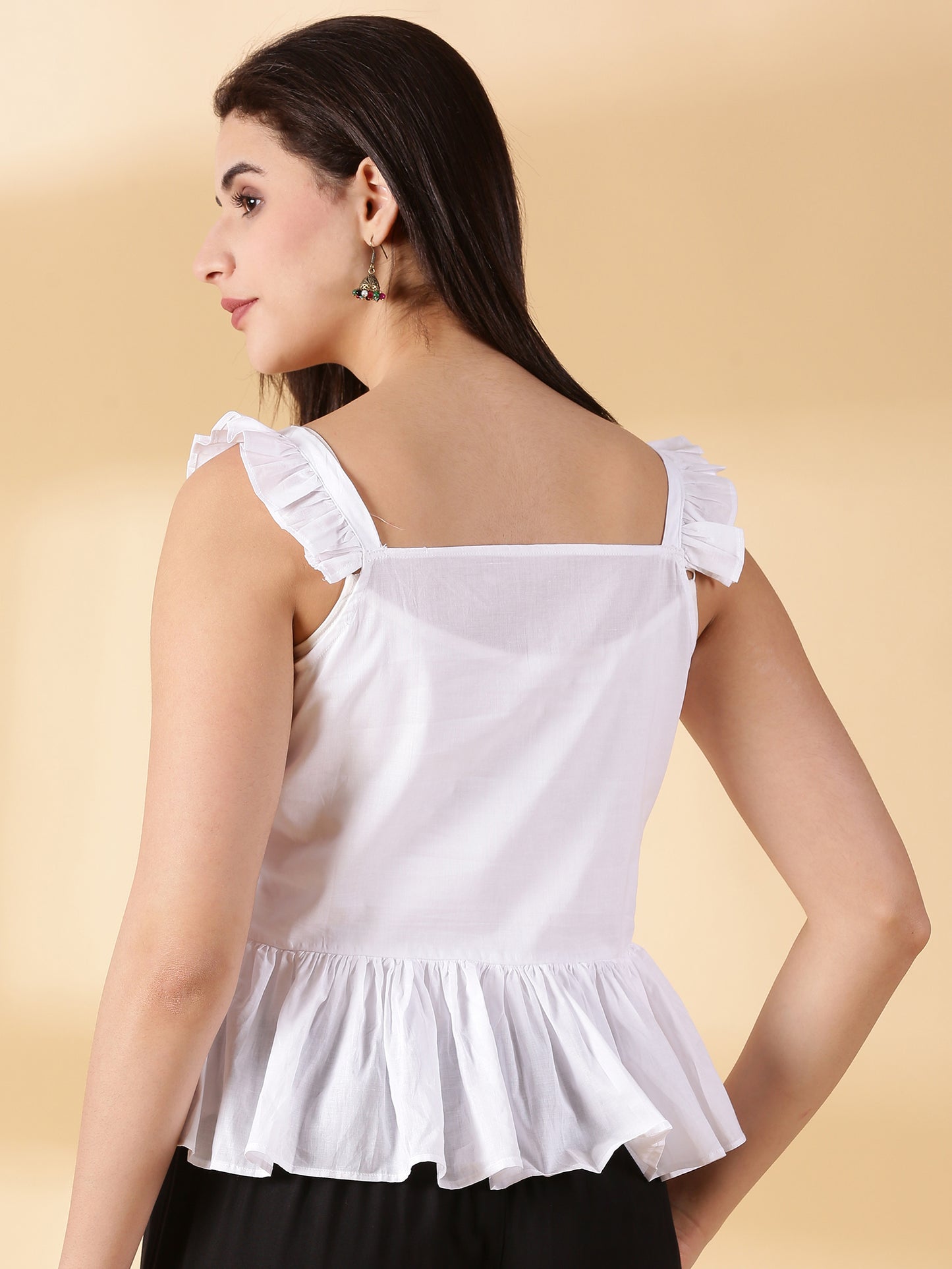 Women white Cotton Ruffled Top