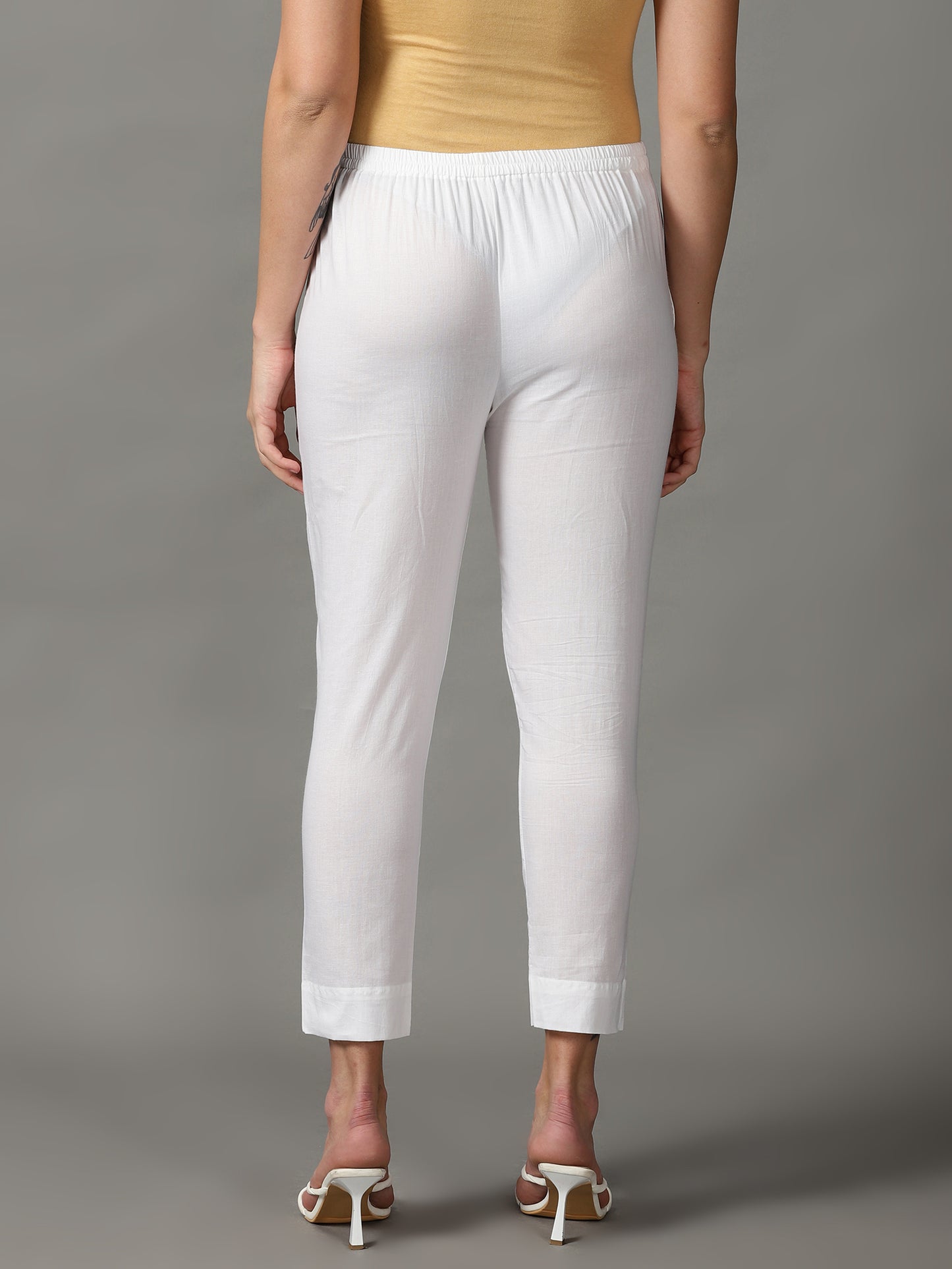 Women White Solid Cotton Ankle Length Trousers