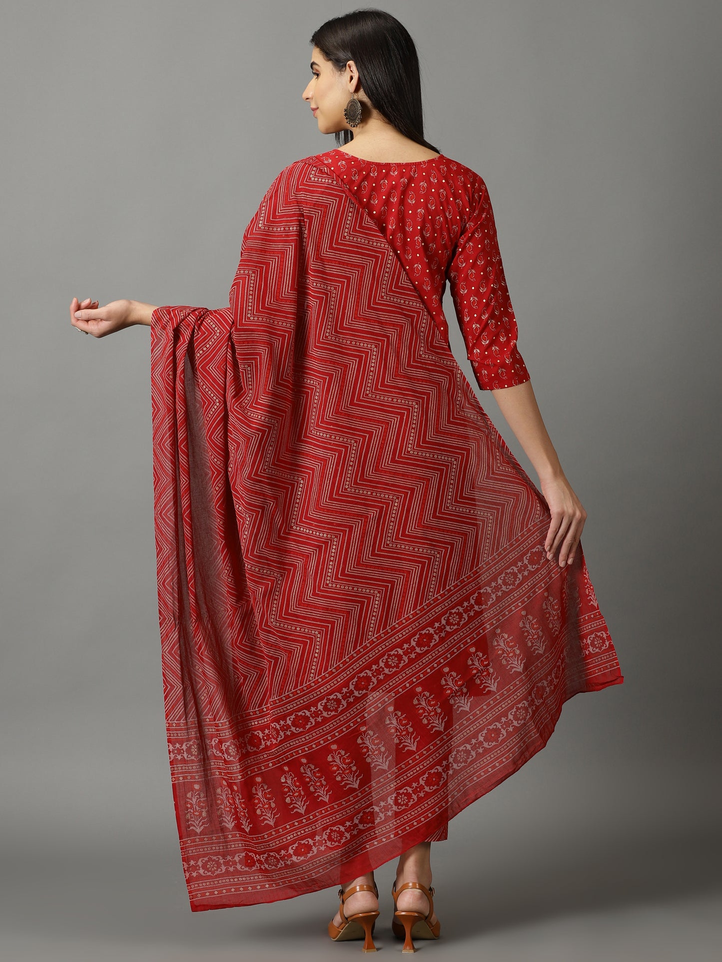 Maroon Cotton Straight Kurta With Trouser & Dupatta