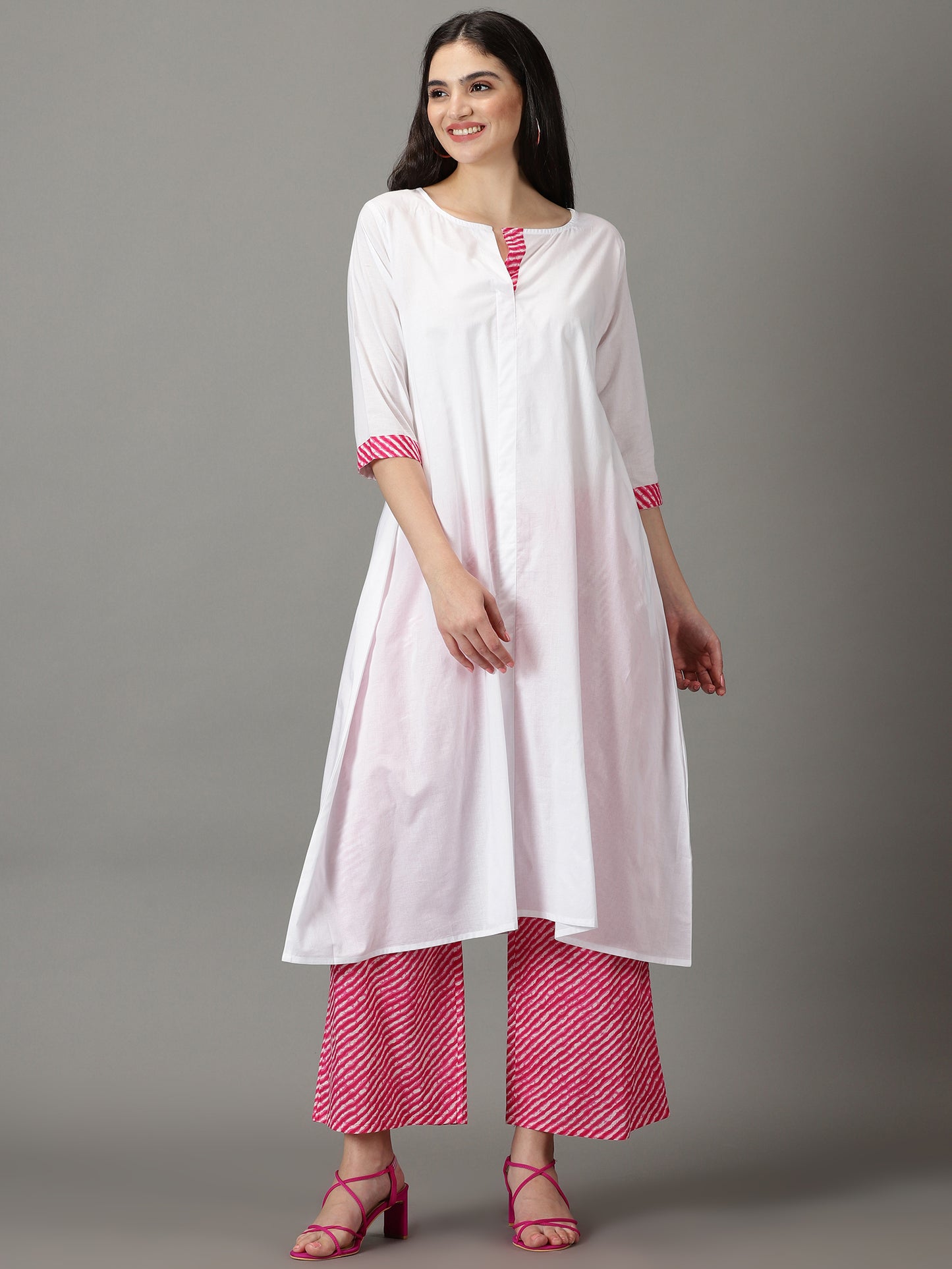 White Cotton A-Line Kurta With Palazzos