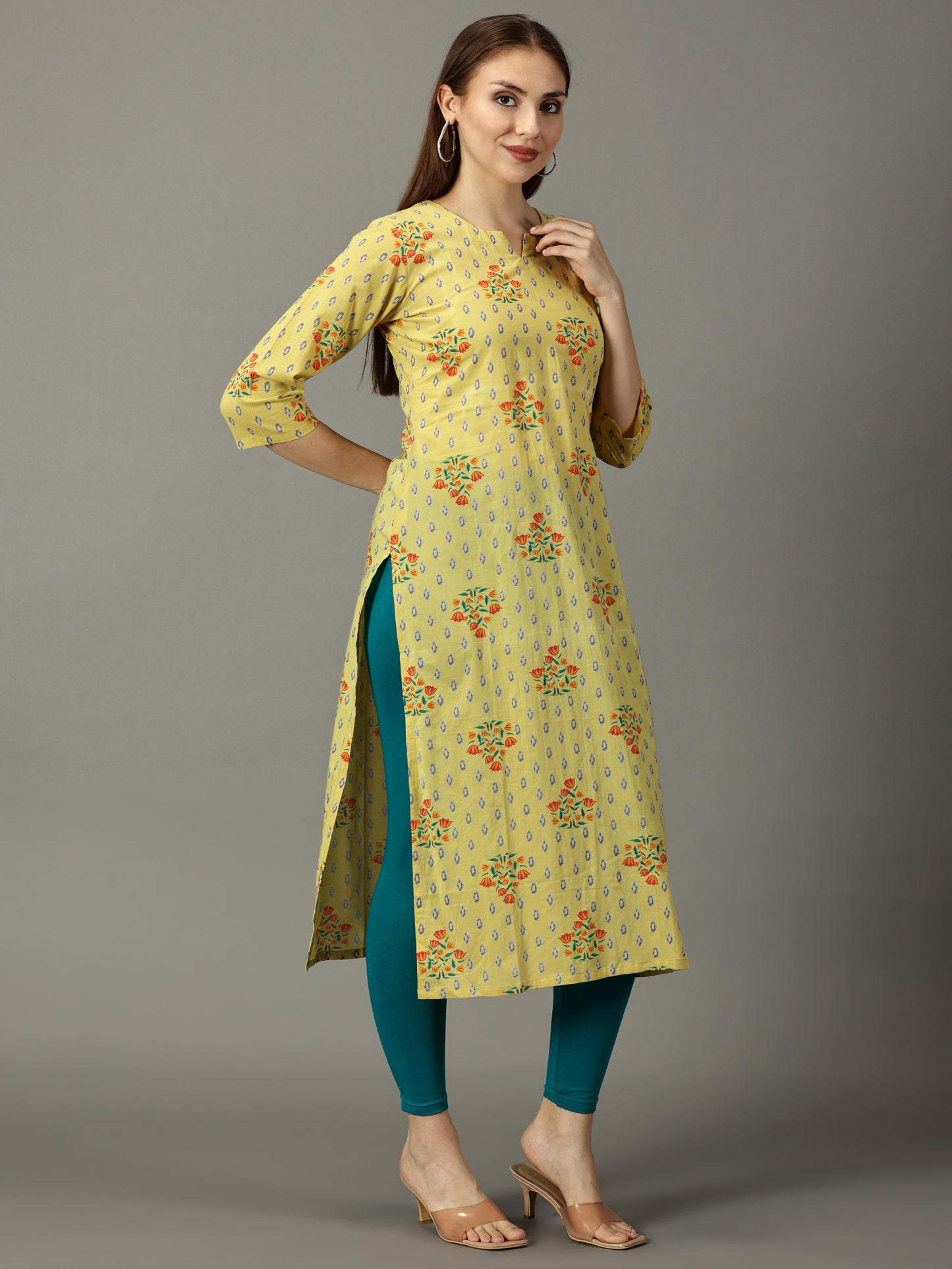 Women Yellow Printed Cotton Kurta