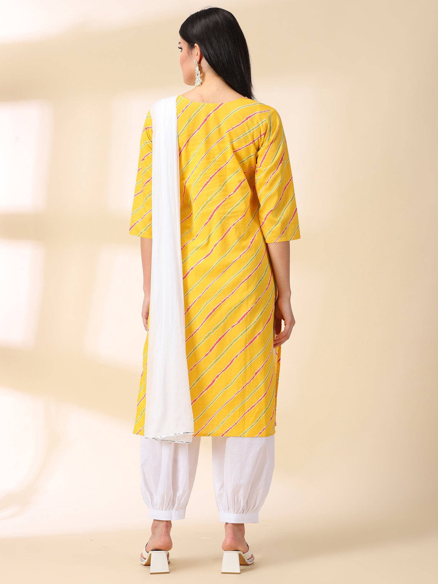 Yellow Cotton Kurta With Cuff Pant & Dupatta