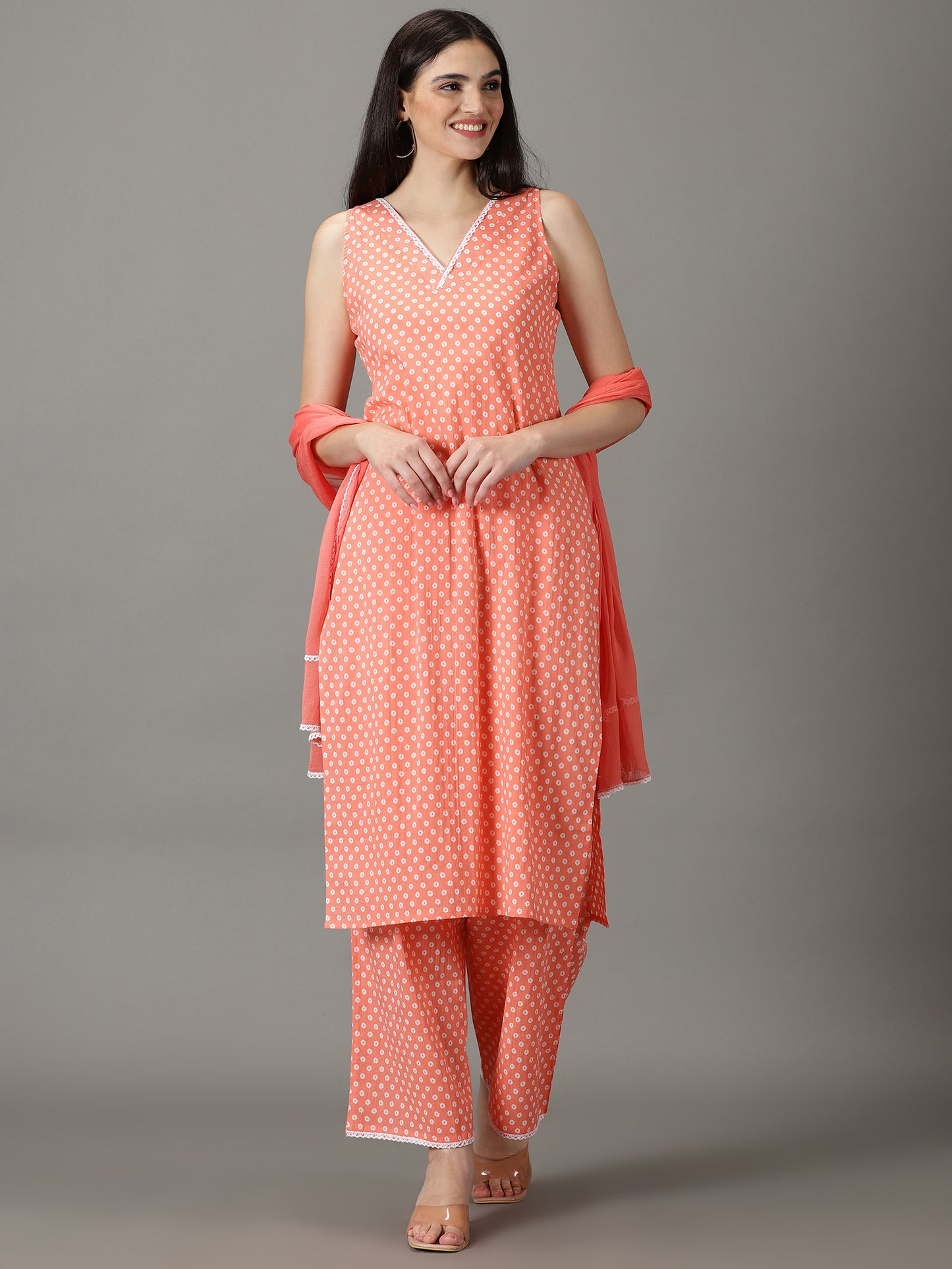 Peach Straight Cotton Kurta With Palazzos & Dupatta