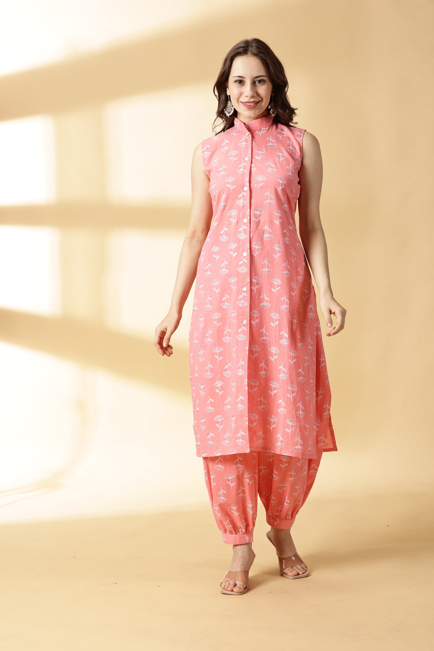 Peach Printed Stright Kurta Set