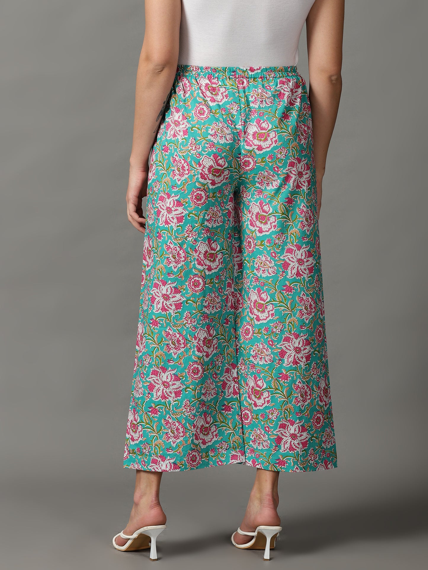 Women Green Flower Print Palazzo