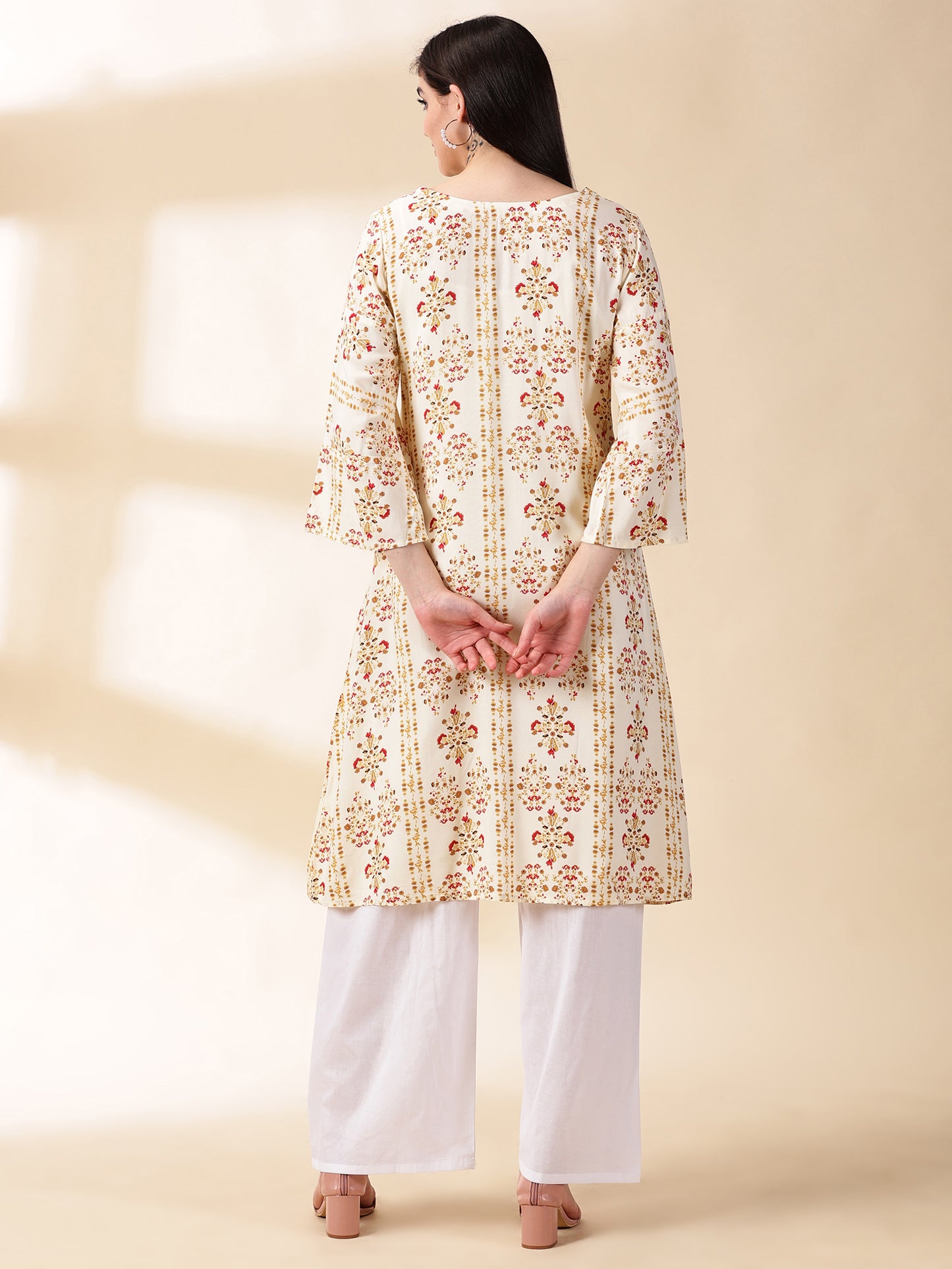 Women Cotton Off White Floral Printed Kurta