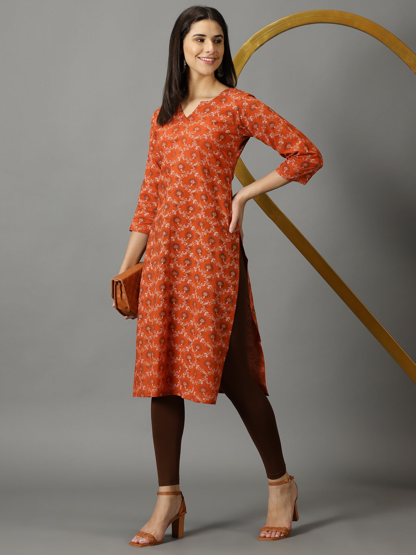 Brown Printed Cotton Kurta