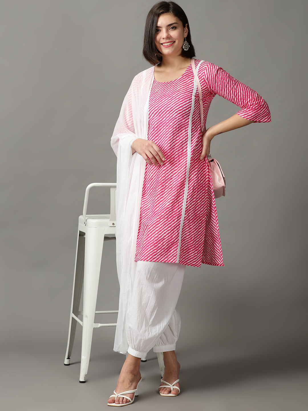 Pink Printed Cotton Straight Kurta With cuff Pant &Dupatta