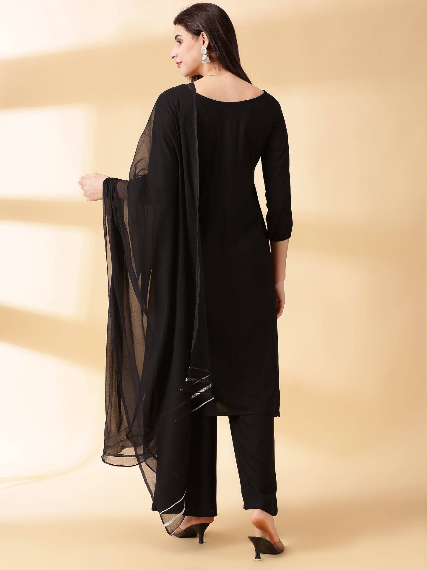 Women Black Reyon Alia Cut Kurta With Palazzos & Dupatta