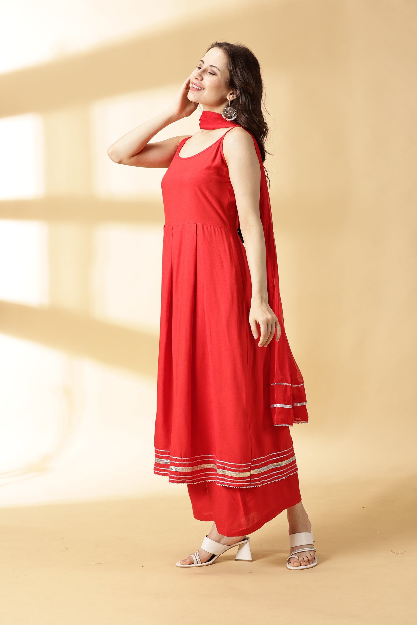 Women Red Anarkali Kurta With Palazzo &Dupatta