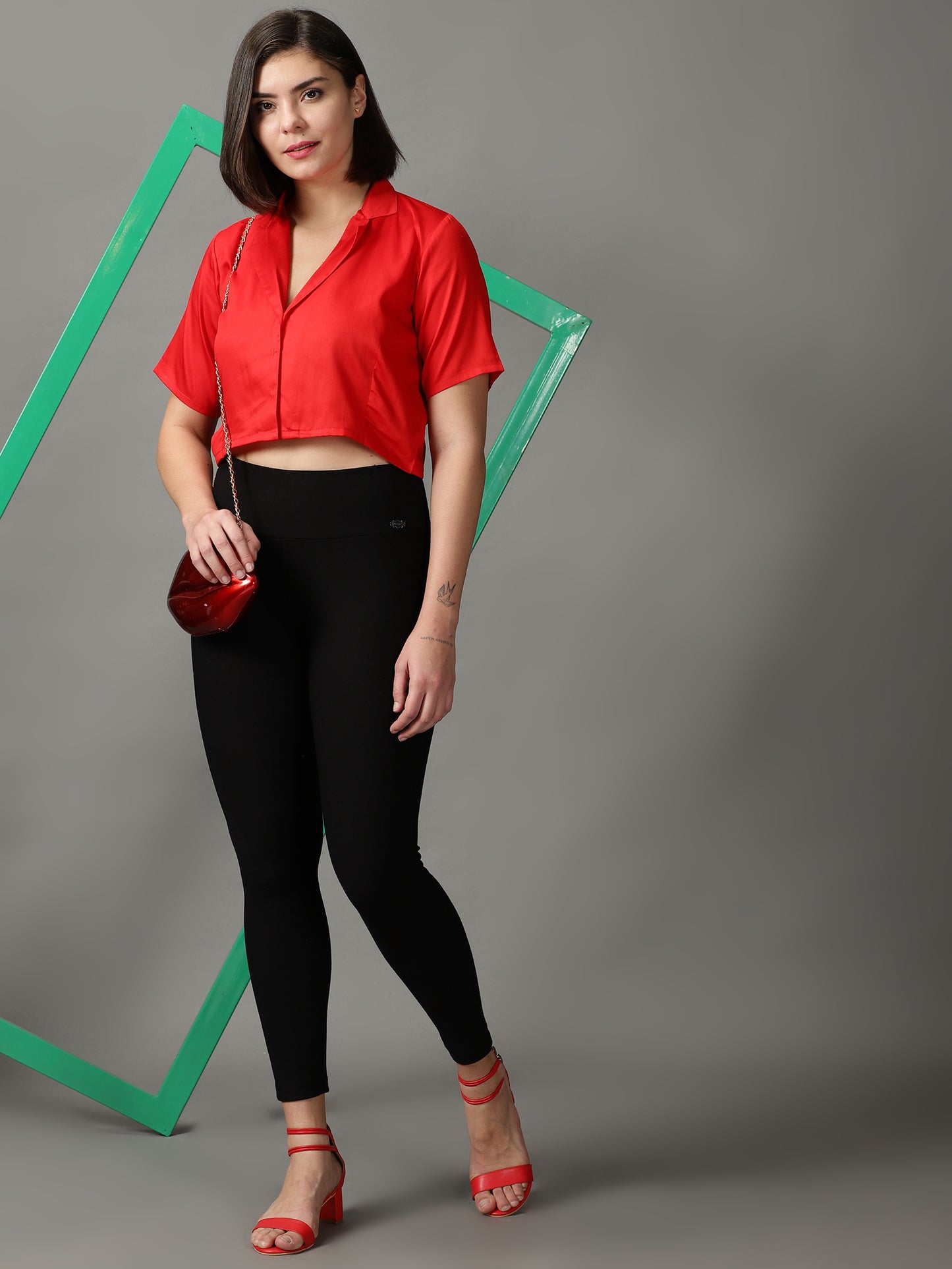 Women Red Solid Shirt Style Crop Top