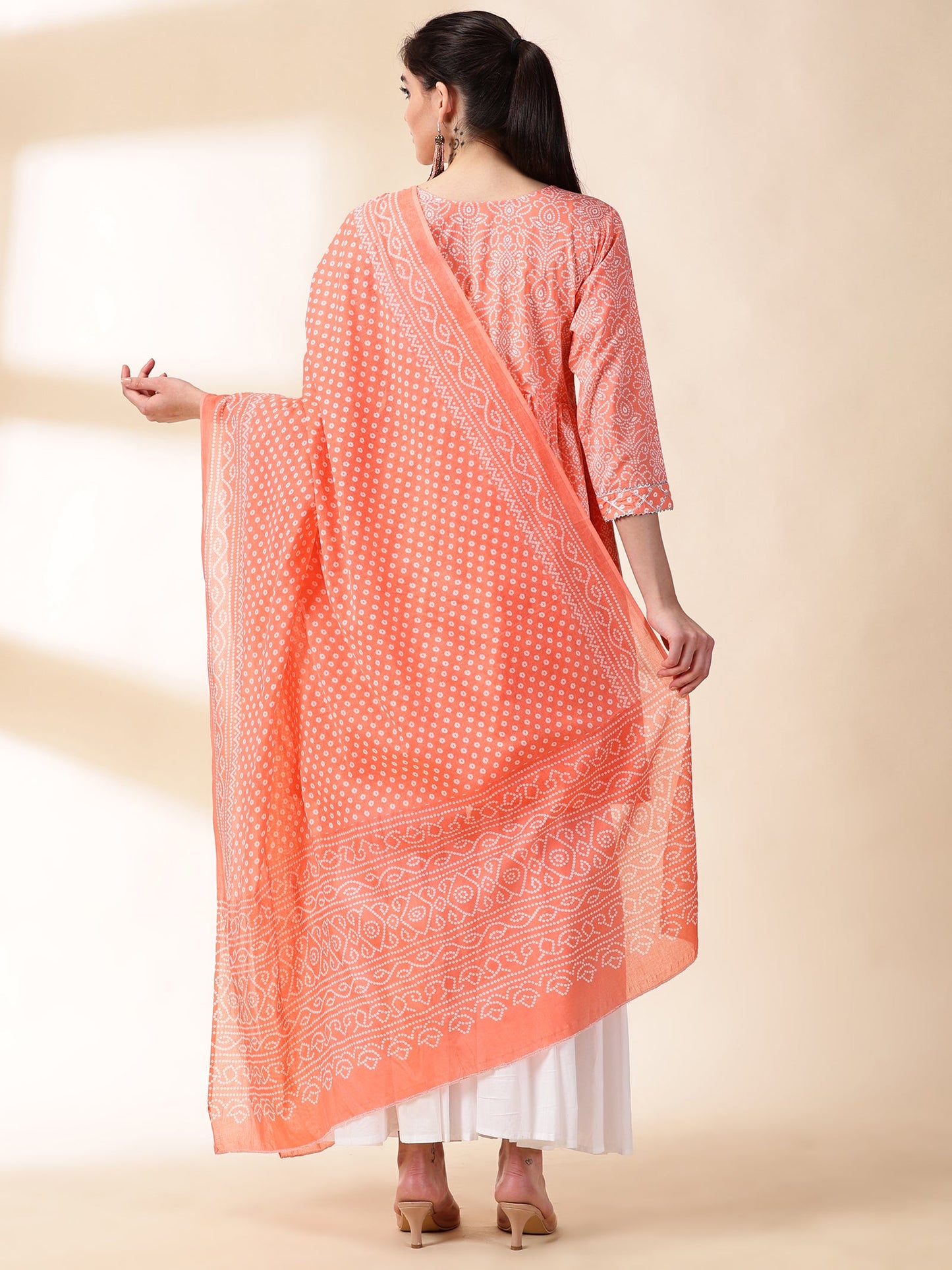 Women Peach Printed Cotton Kurta With Sharara & Duptta