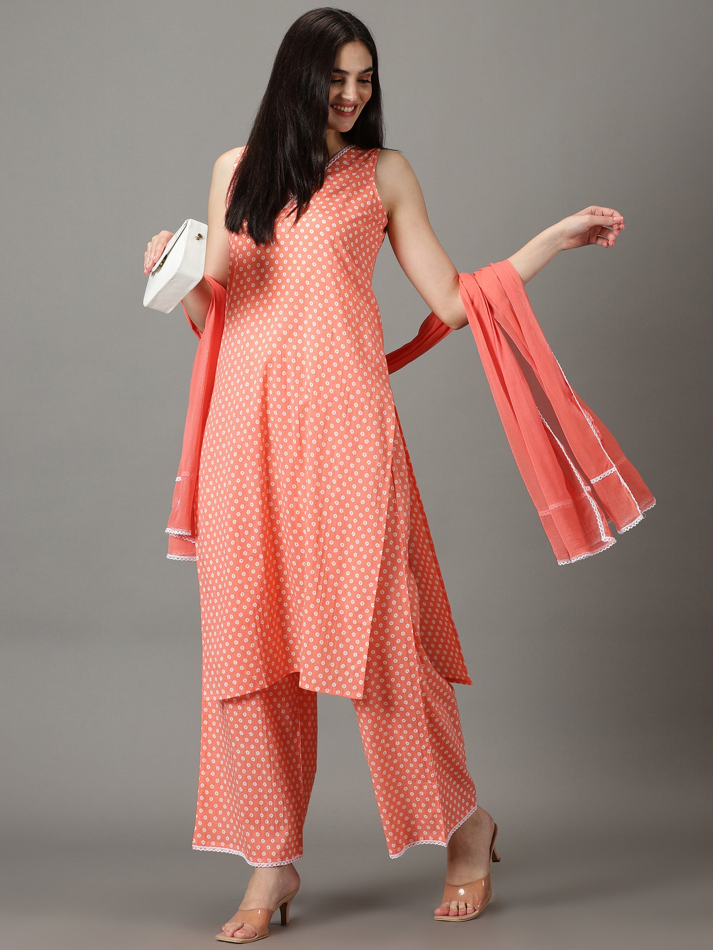 Peach Straight Cotton Kurta With Palazzos & Dupatta