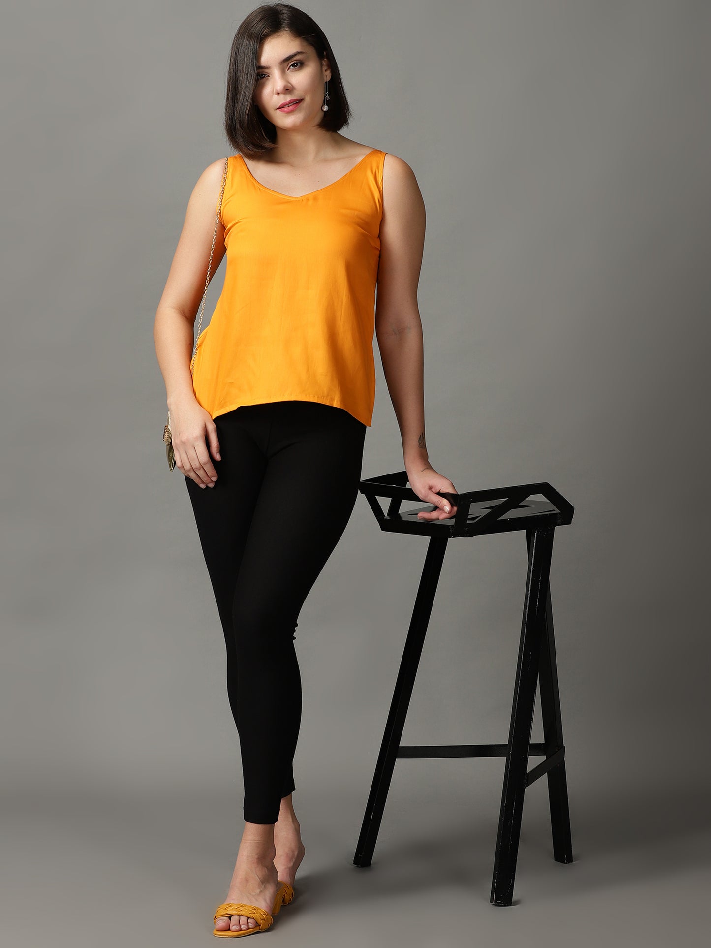 Women Mustard V Neck Sleeveless Top