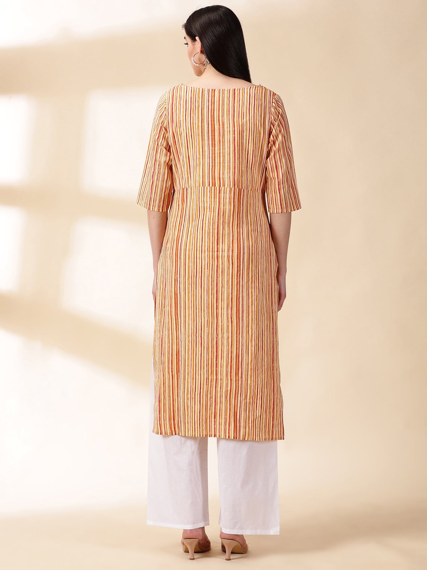 Women Mustard Cotton Straight Kurta