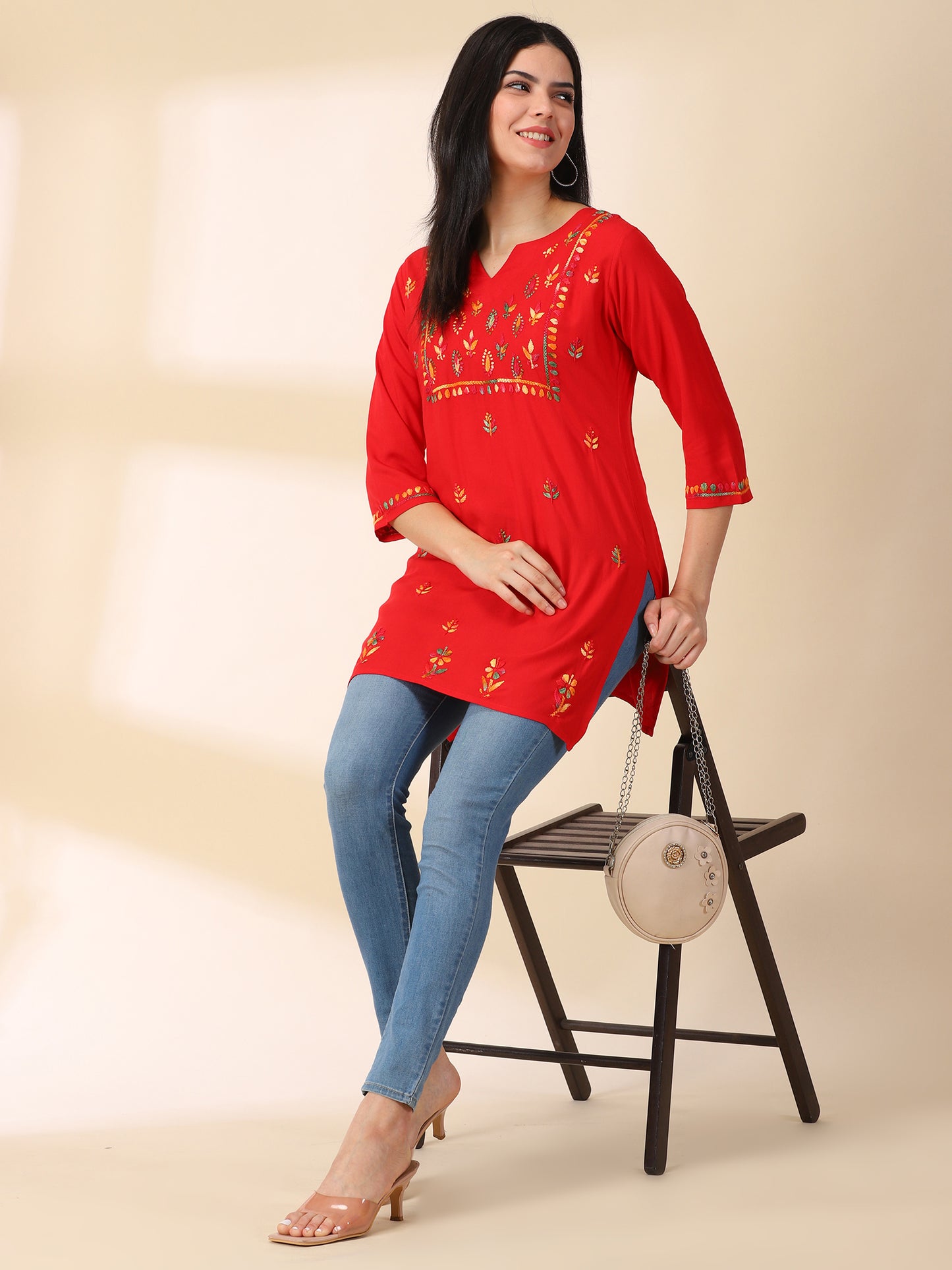 Chikankari Red Rayon Kurta