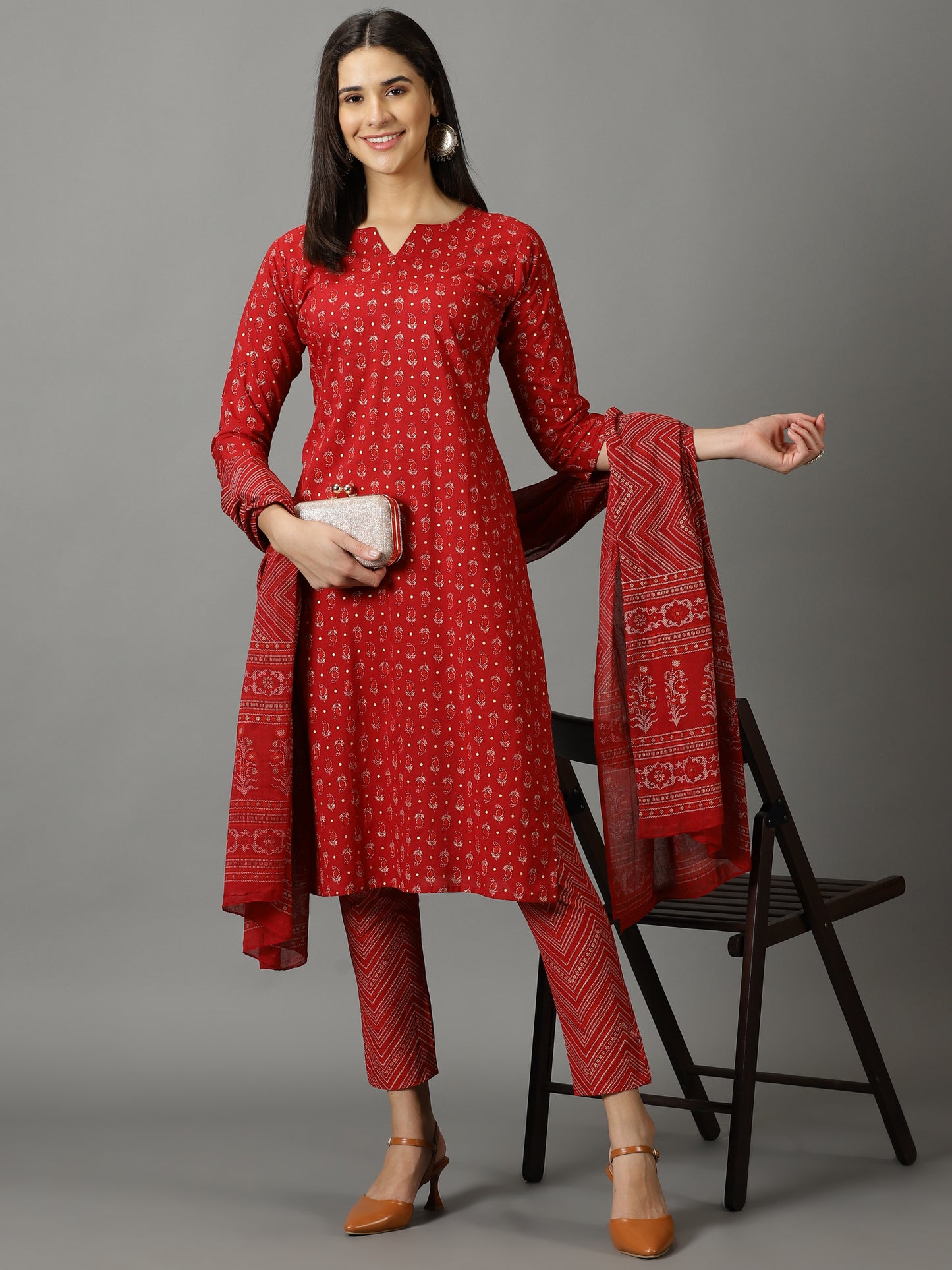 Maroon Cotton Straight Kurta With Trouser & Dupatta